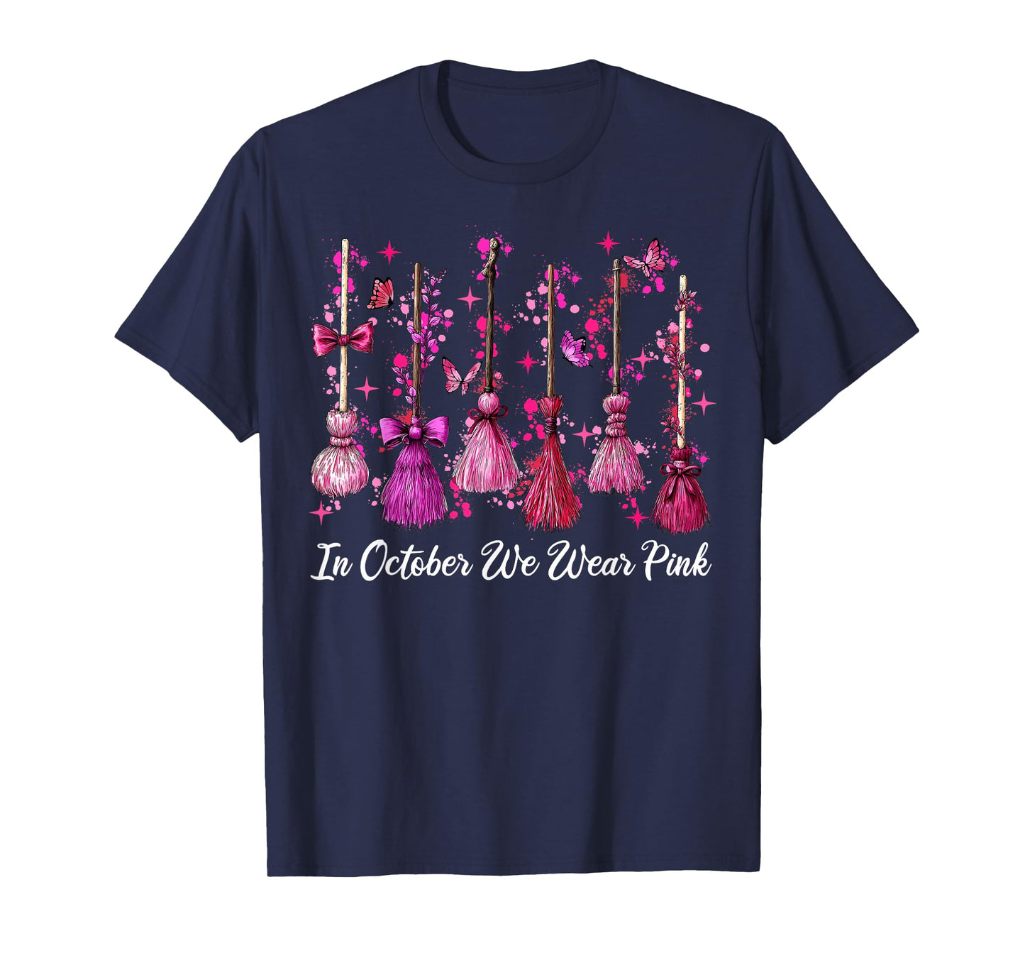 in October We Wear Pink Witch Broom Halloween Breast Cancer T-Shirt