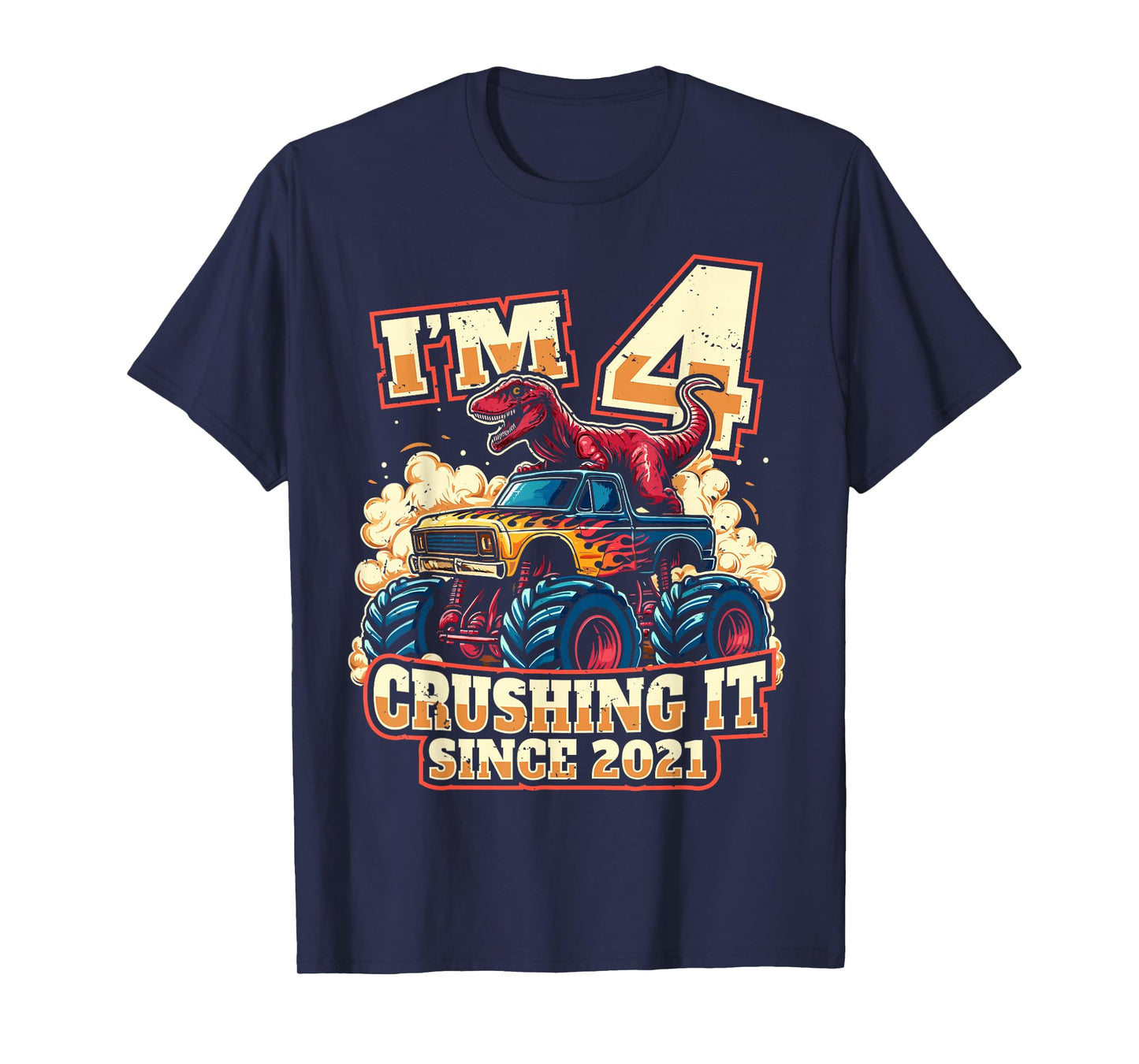 4 Year Old Boys 4th Birthday Dinosaur Monster Truck Party T-Shirt