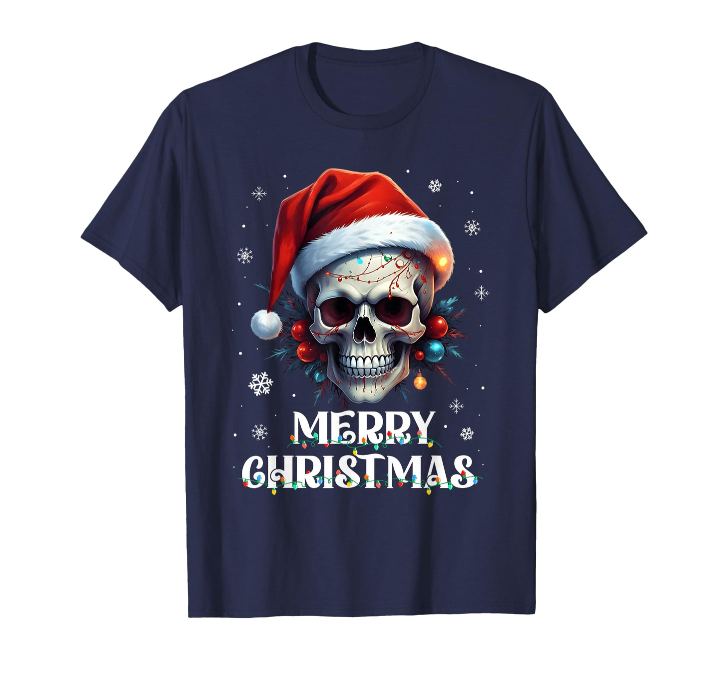 Merry Christmas Lights Red Santa Hat Skull Family Men Women T-Shirt