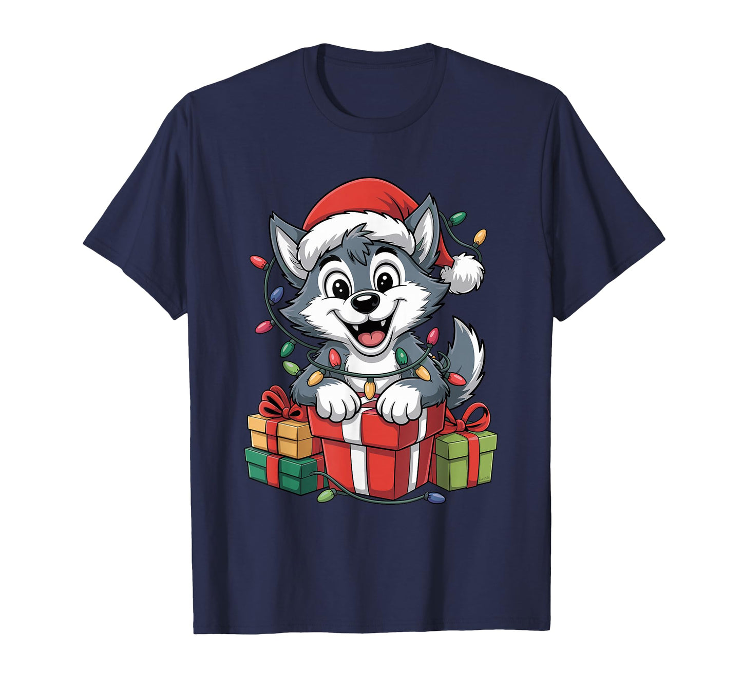 Wolf Santa Hat Christmas Design Funny Wild Animal Lovers T-Shirt