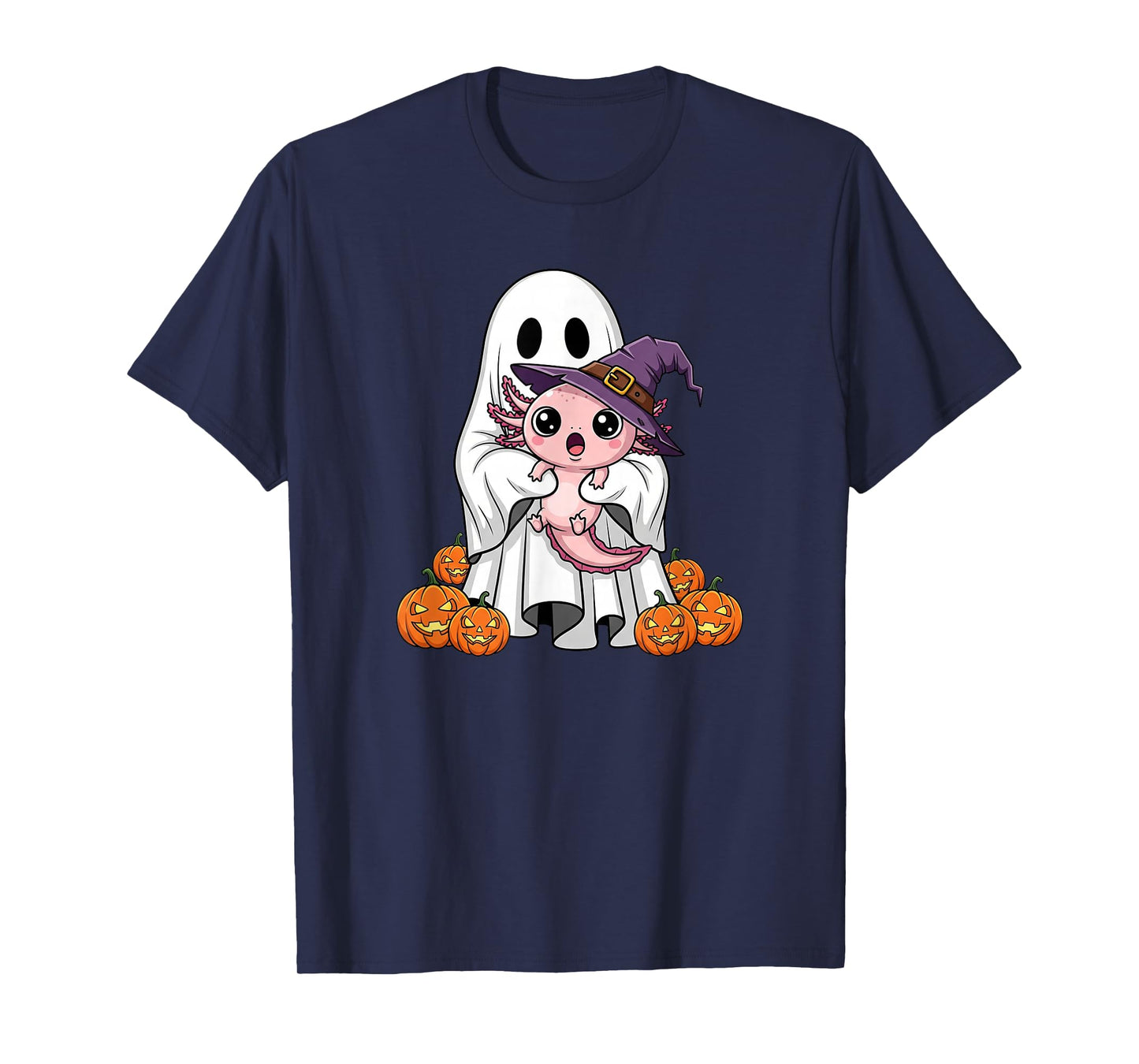Funny Ghost Axolotl Pumpkin Halloween Kids Mens Womens T-Shirt