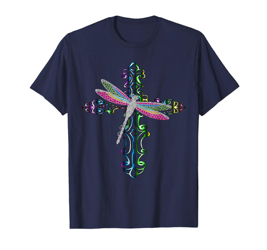 Rainbow Dragonfly Cross Christian Religious Faith Jesus T-Shirt