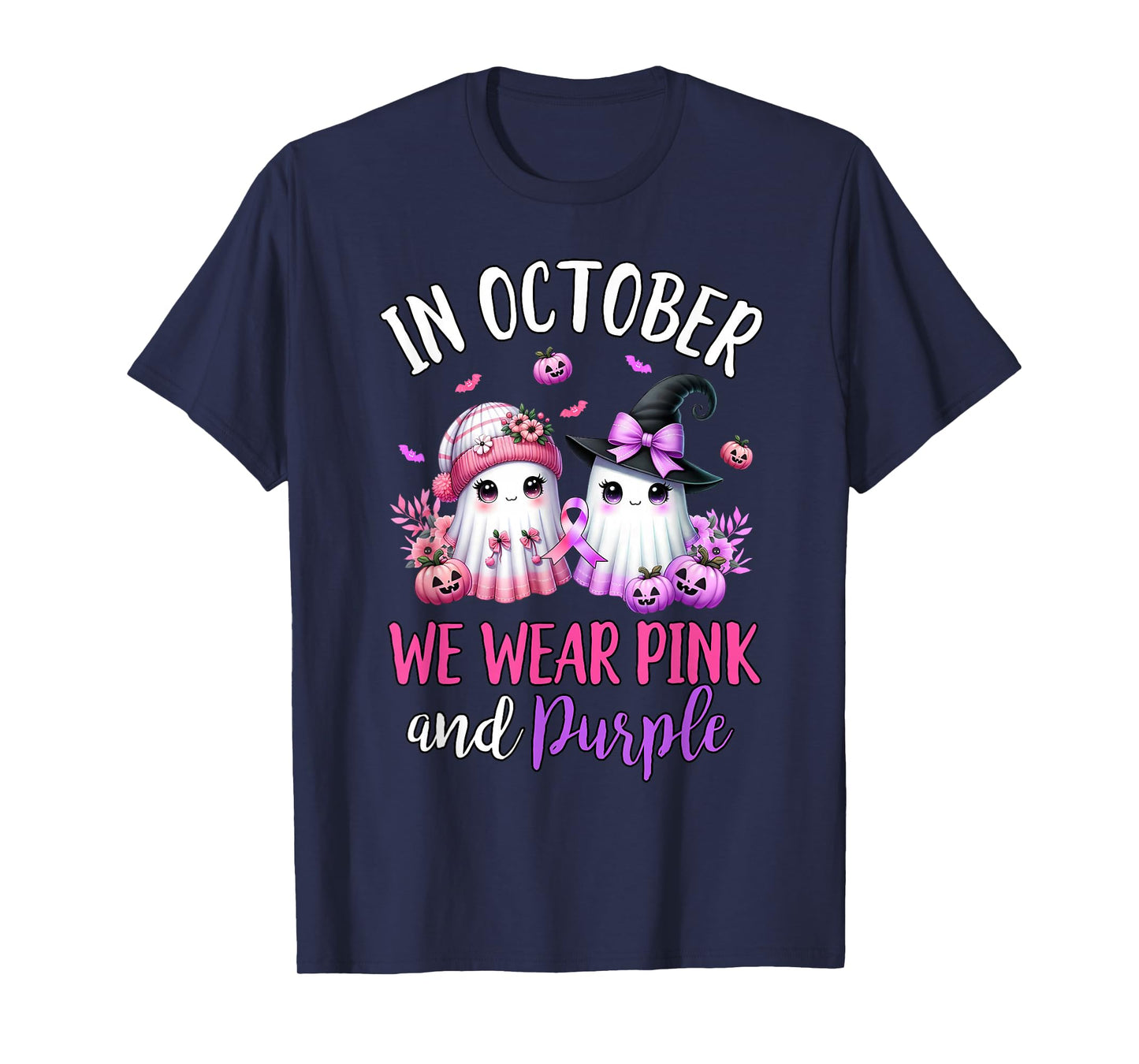 in October We Wear Purple and Pink Ghost Witch Breast Cancer T-Shirt