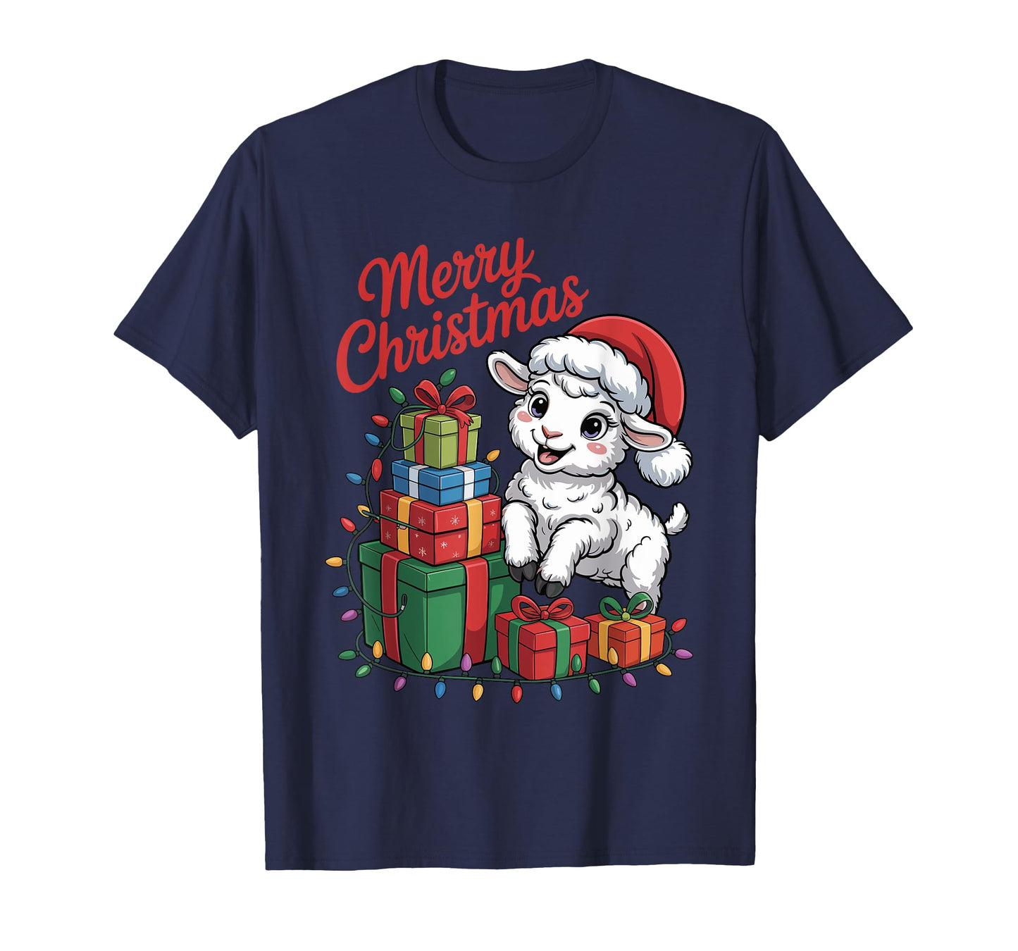 Funny Lamb Santa Hat Animals Lovers Ugly Christmas Pajamas T-Shirt