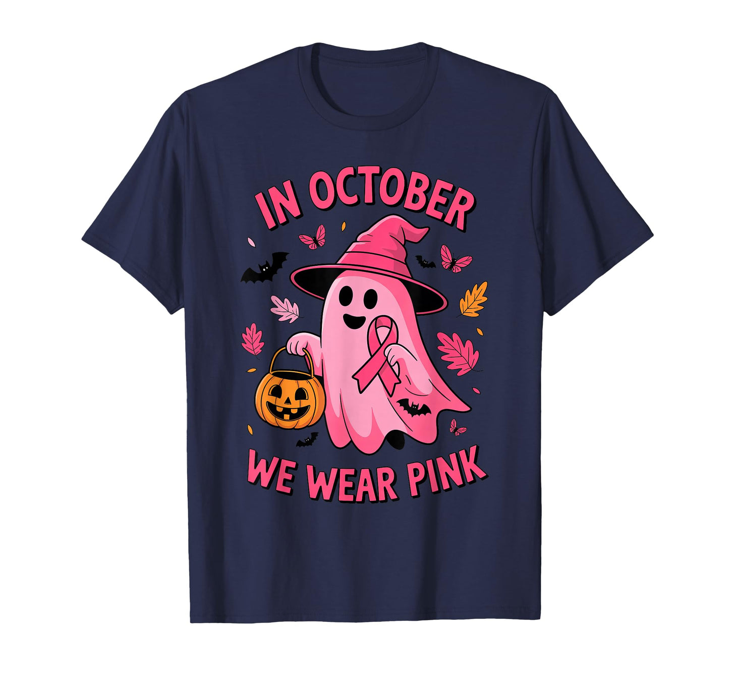 in October We Wear Pink Ribbon Ghost Halloween Breast Cancer T-Shirt
