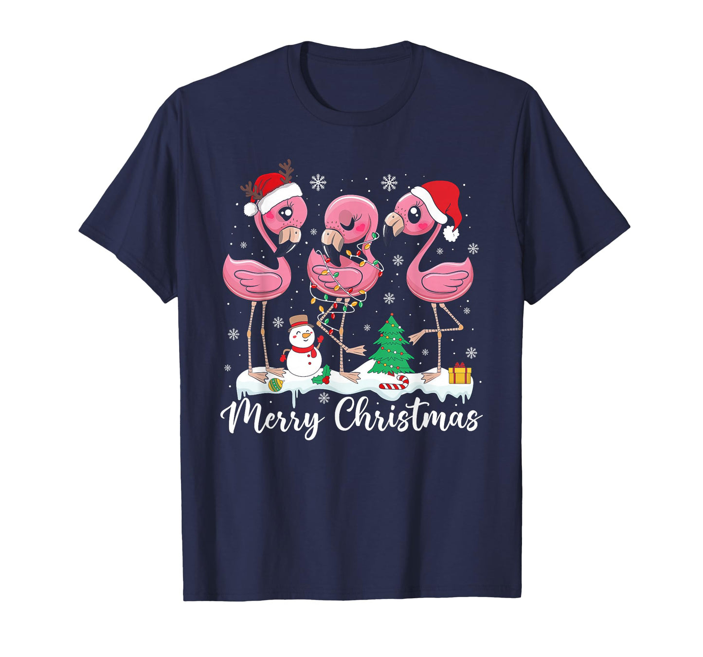 Merry Christmas Lights Red Santa Hat Family Xmas Flamingo T-Shirt