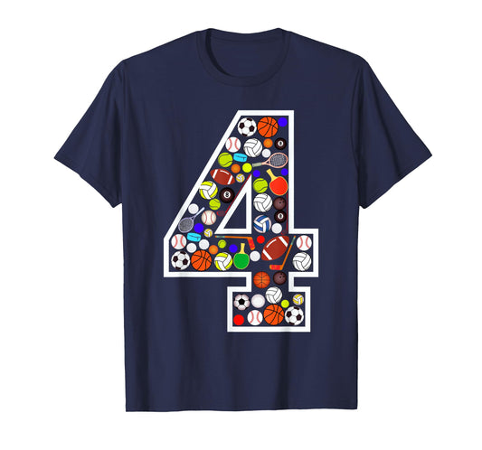 Kids 4th Birthday Sports Big Number Four 4 Year Old Boy T-Shirt