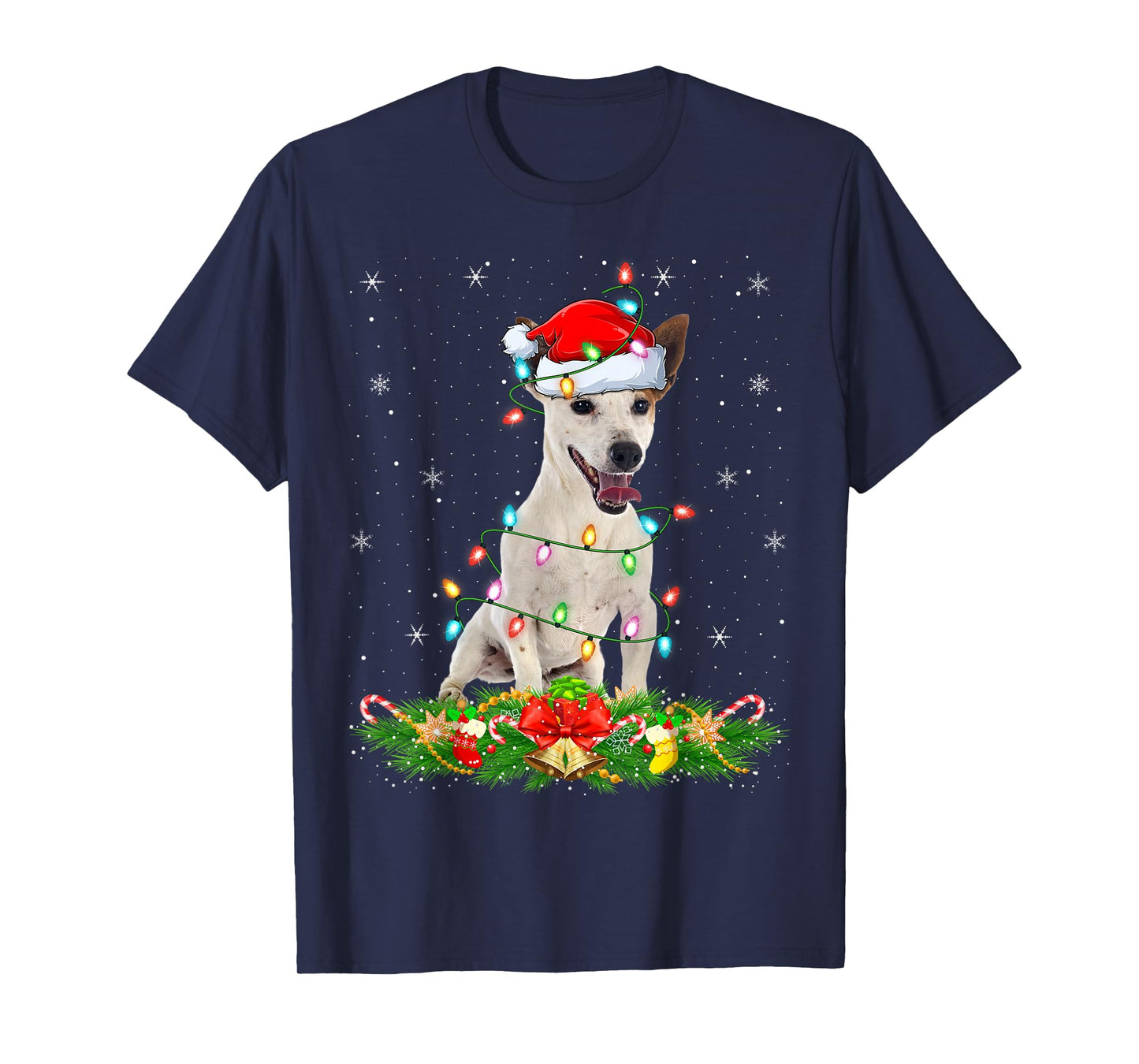 Rat Terrier Dog Christmas Lights Funny Santa Hat Xmas T-Shirt