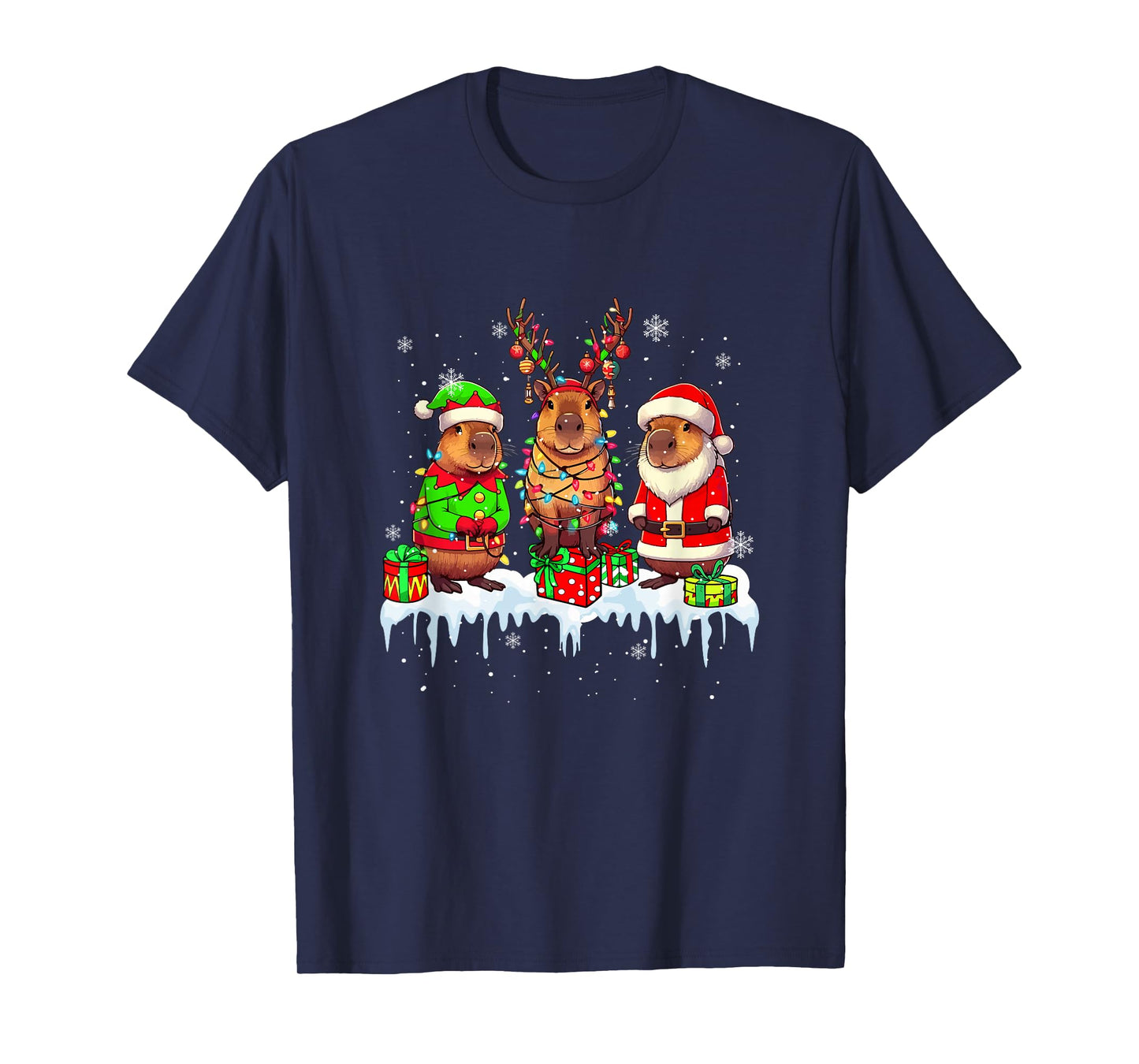 Three Santa Reindeer Elf Capybaras Christmas Colorful Lights T-Shirt