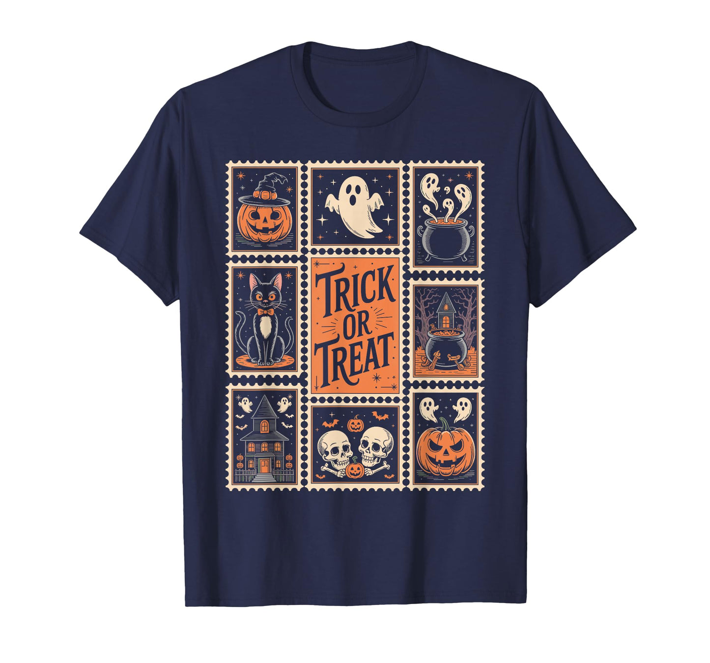 Halloween Stamps Spooky Pumpkin Ghost Cat Witch Skeleton T-Shirt