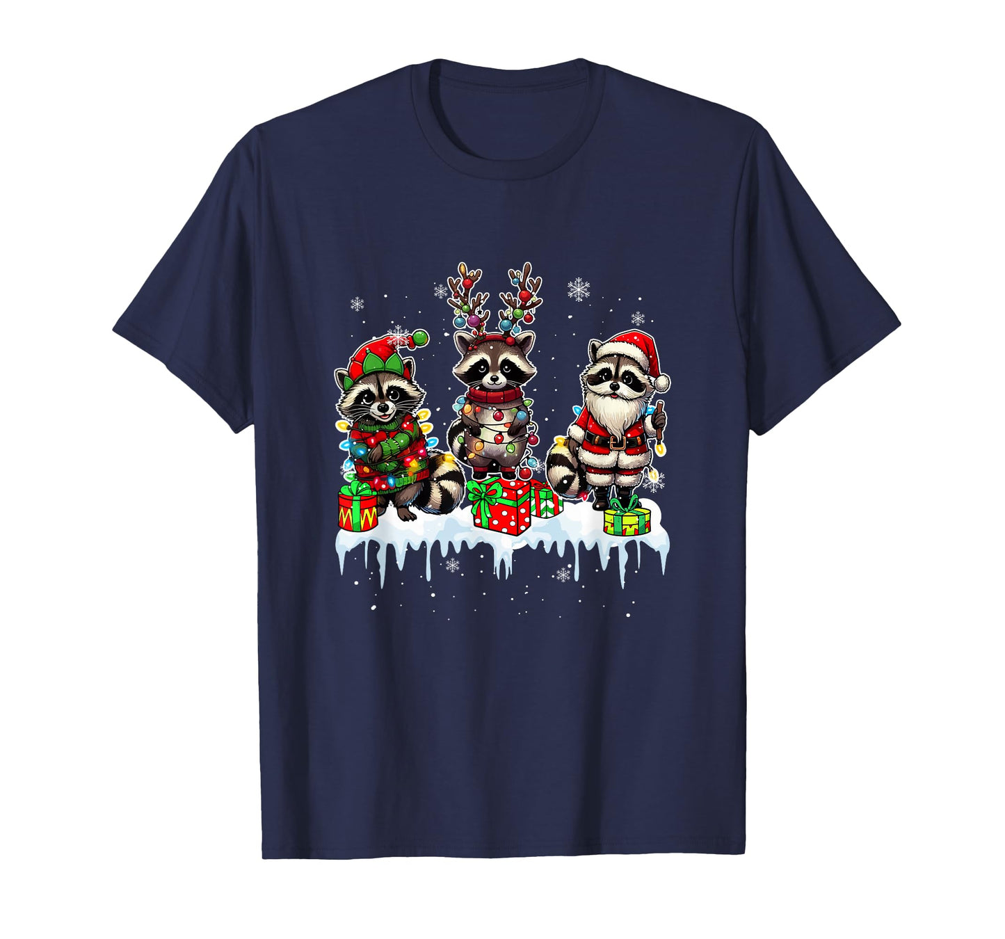 Three Santa Reindeer Elf Raccoons Christmas Colorful Lights T-Shirt