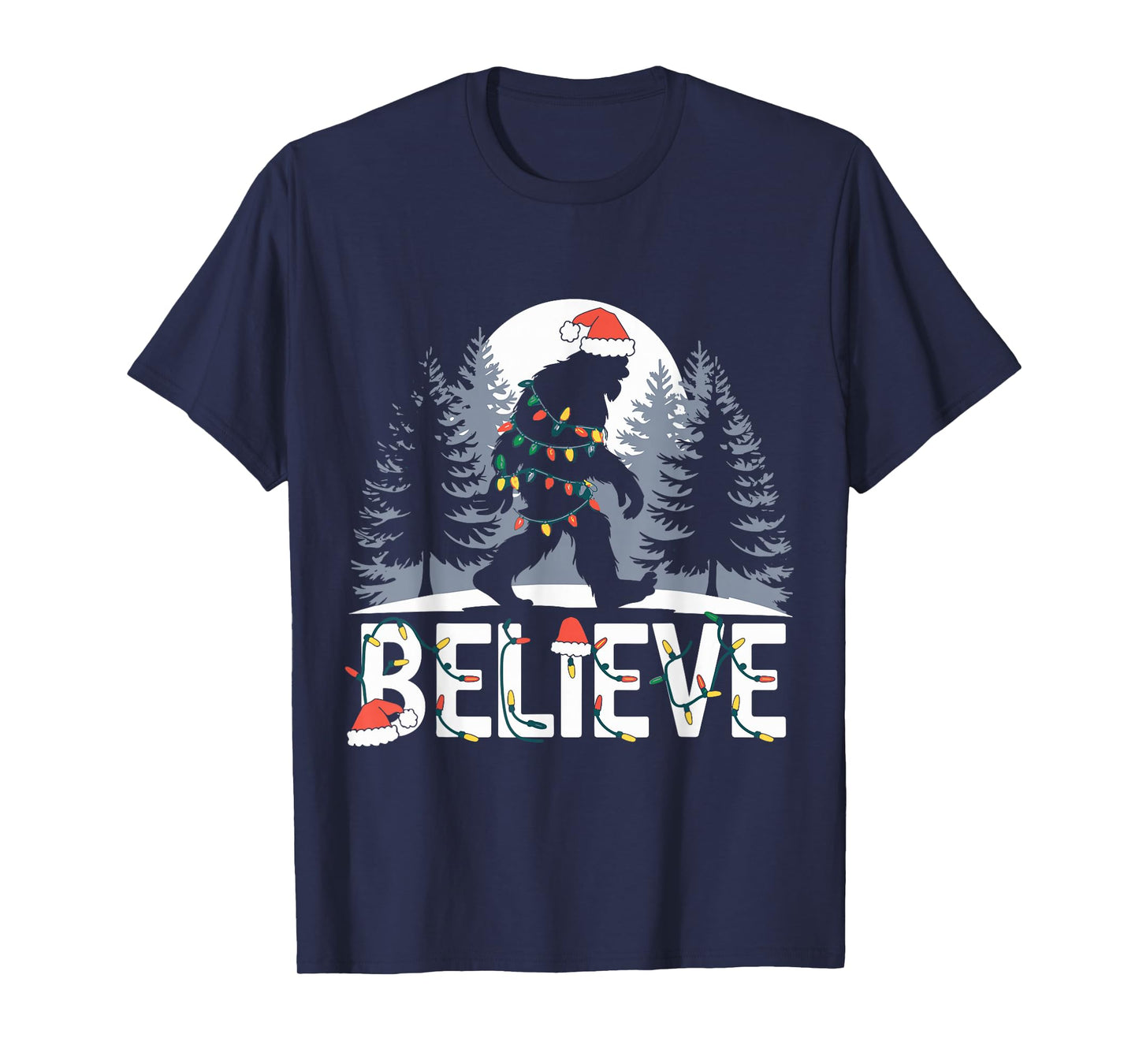 Santa Bigfoot Christmas Lights Funny Sasquatch Believe Xmas T-Shirt