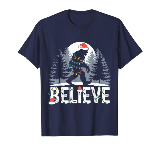 Santa Bigfoot Christmas Lights Funny Sasquatch Believe Xmas T-Shirt
