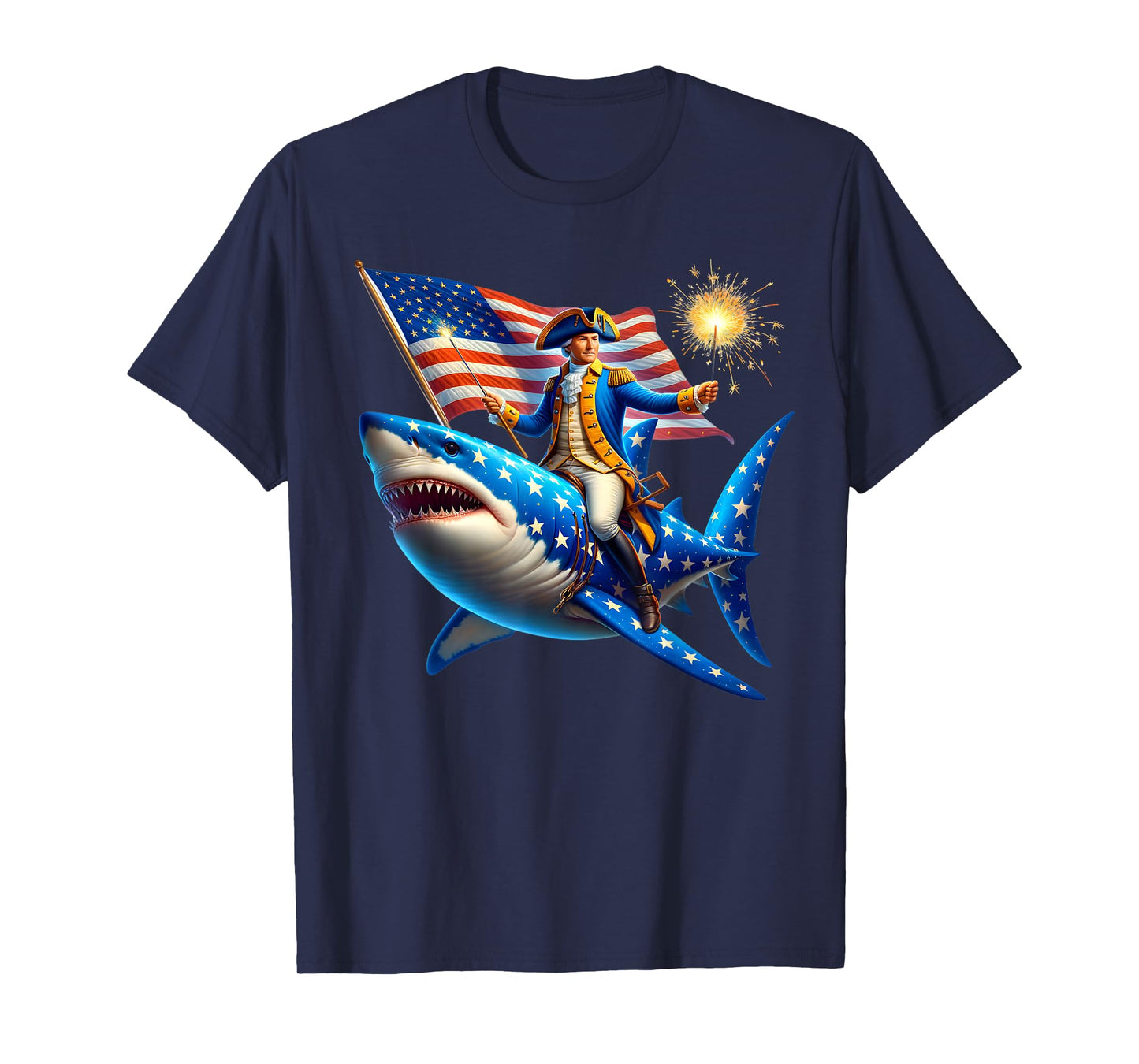 Washington Riding Shark Funny July 4th American Flag Patriot T-Shirt for Women Men