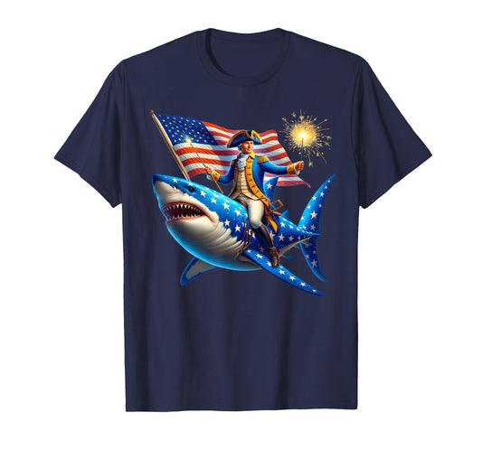 Washington Riding Shark Funny July 4th American Flag Patriot T-Shirt for Women Men