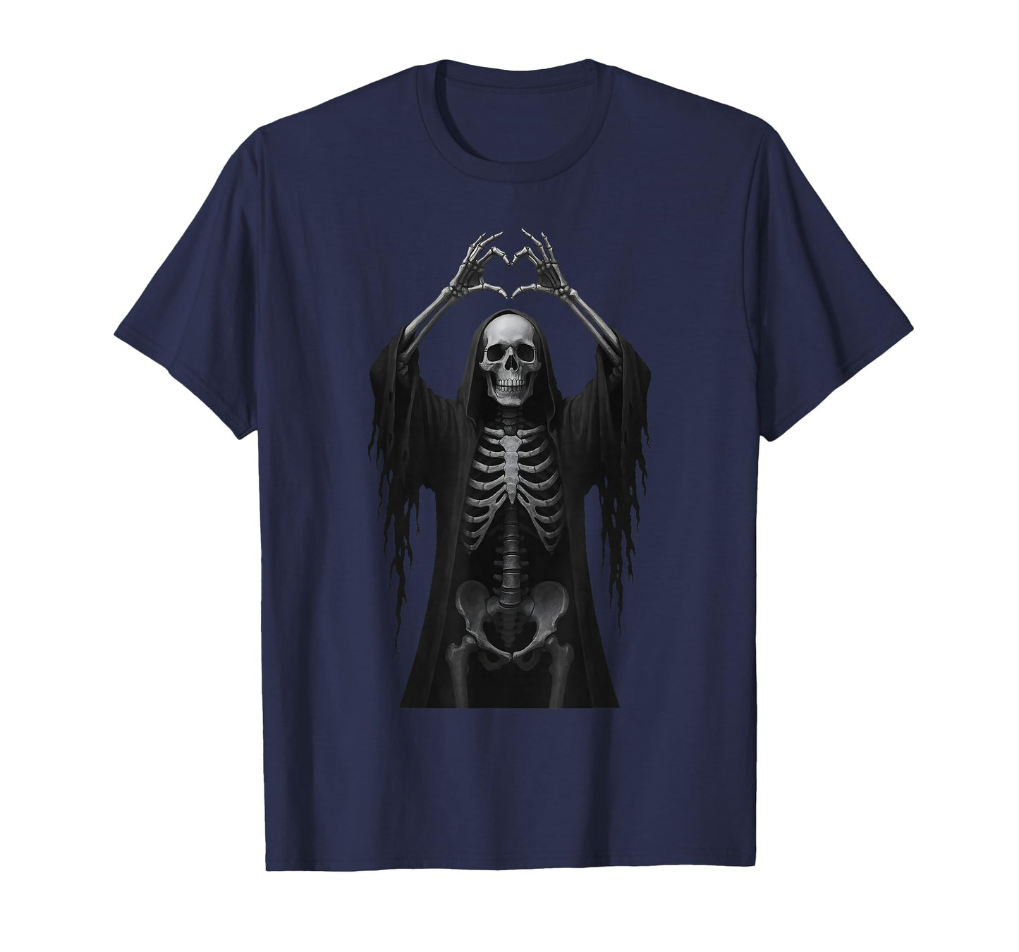 Skeleton Hands Heart Sign Scary Face Funny Halloween Costume T-Shirt