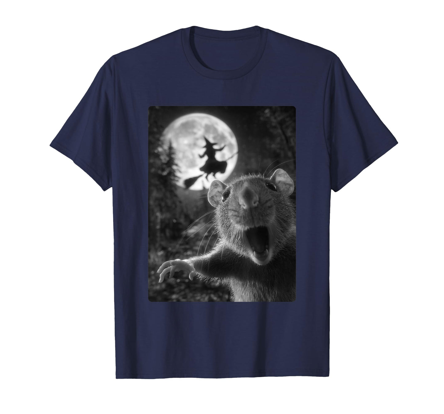 Funny Rat Selfie Full Moon Flying Witch Forest Halloween T-Shirt