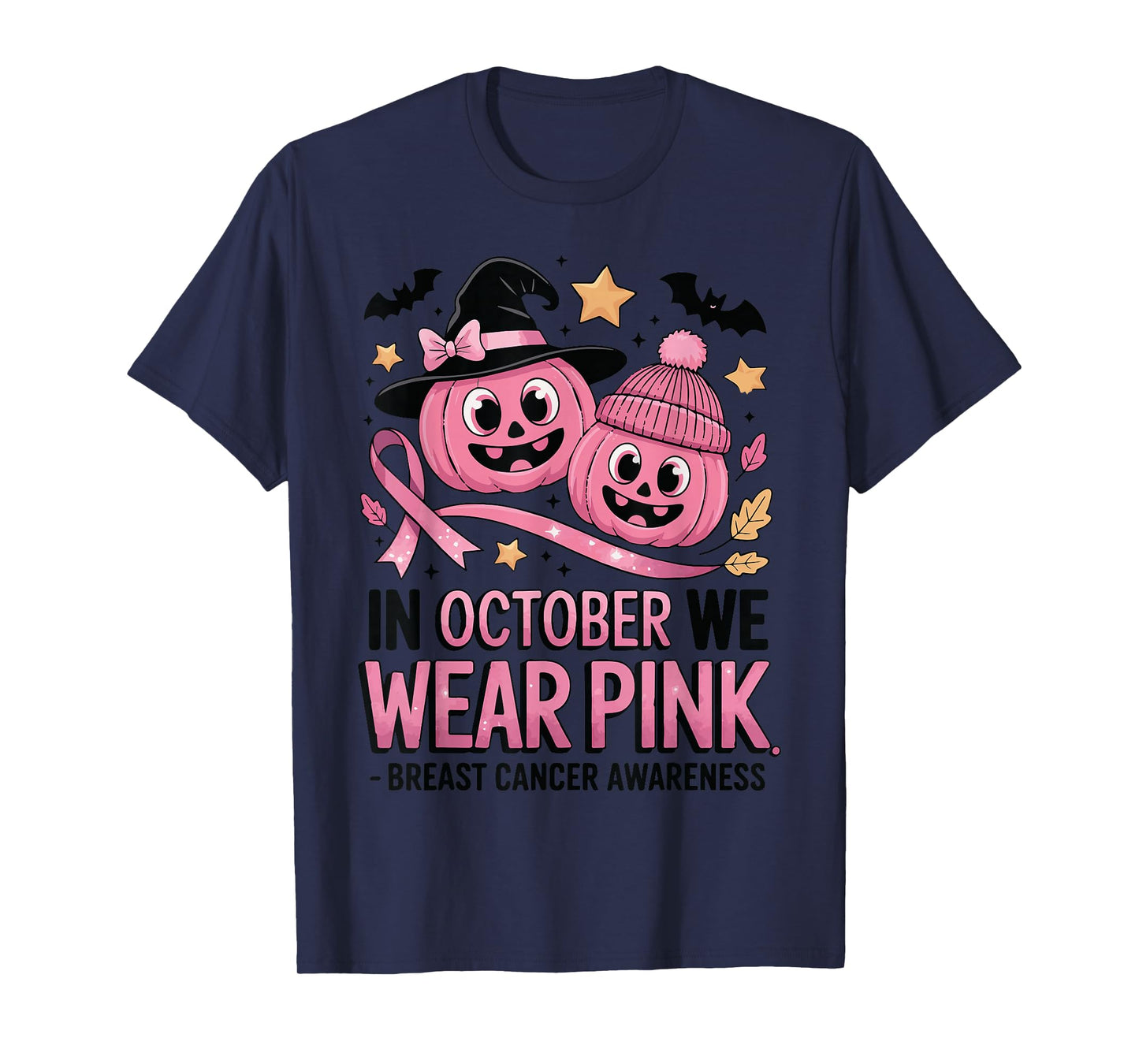 in October We Wear Pink Ghost Witch Breast Cancer Awareness T-Shirt