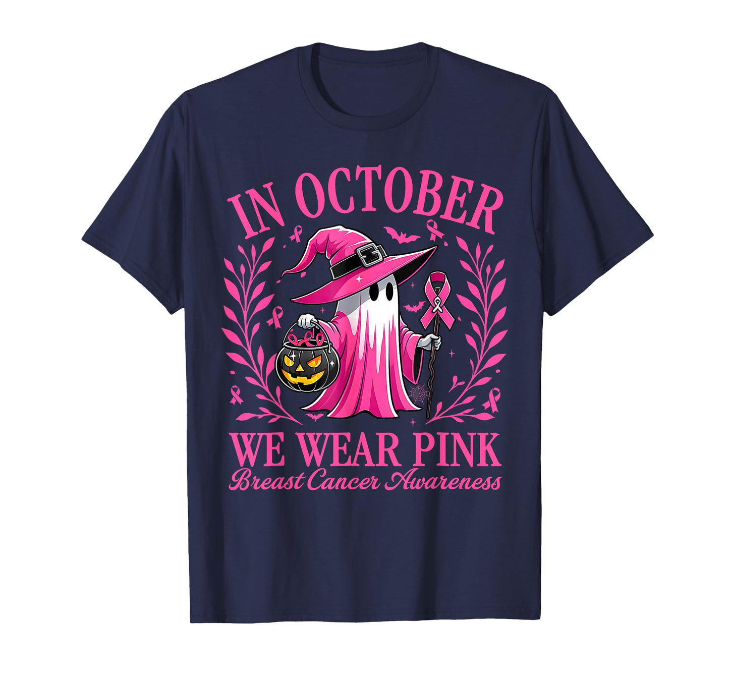 in October We Wear Pink Witch Breast Cancer Women Halloween T-Shirt