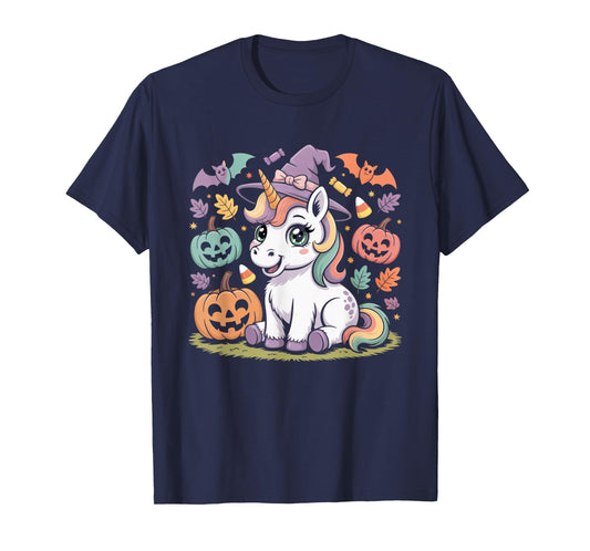 Cute Unicorn Witch Hat Halloween Pumpkin Candy Kids Shirt T-Shirt
