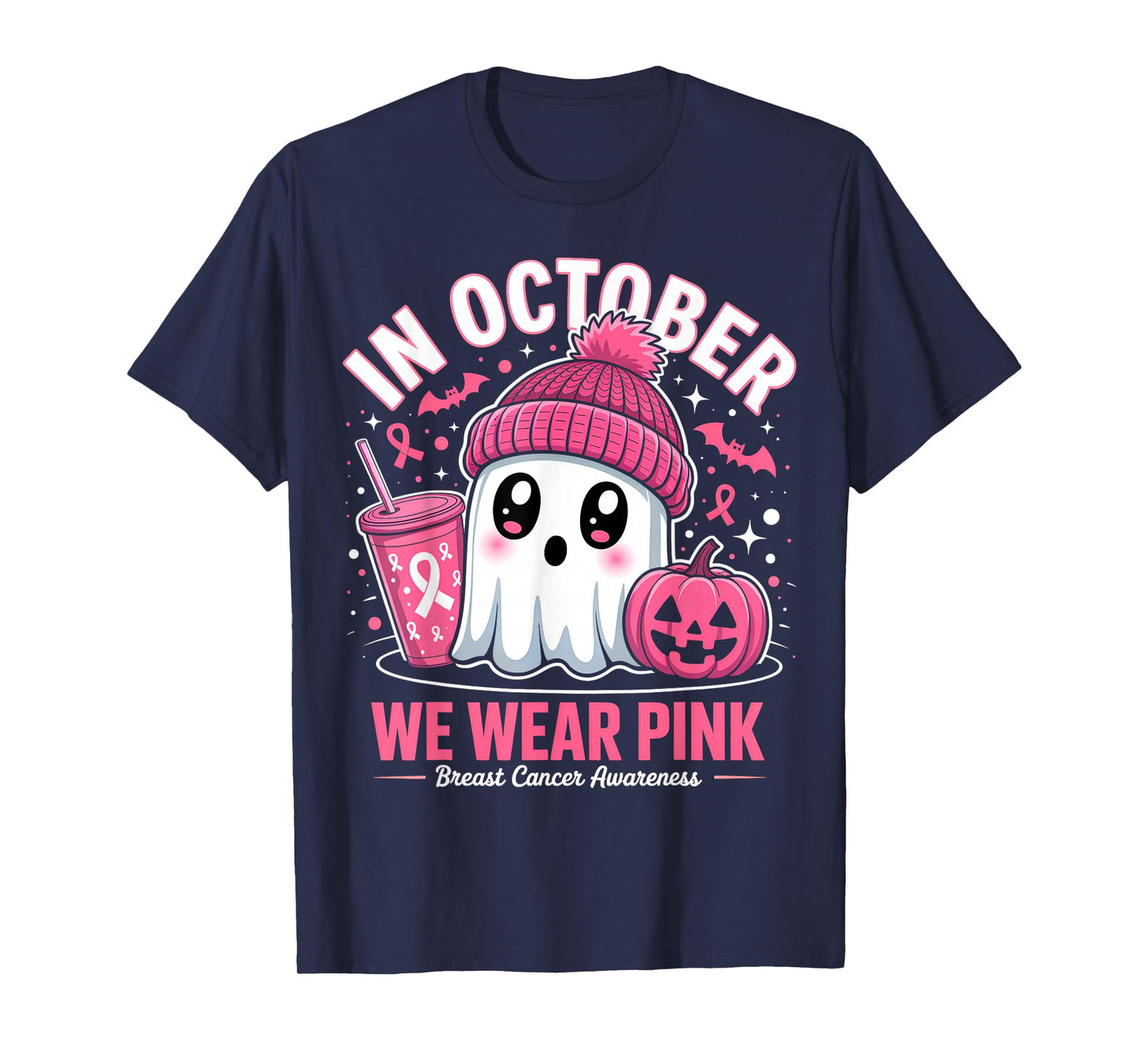 in October We Wear Pink Ghost Witch Breast Cancer Awareness T-Shirt