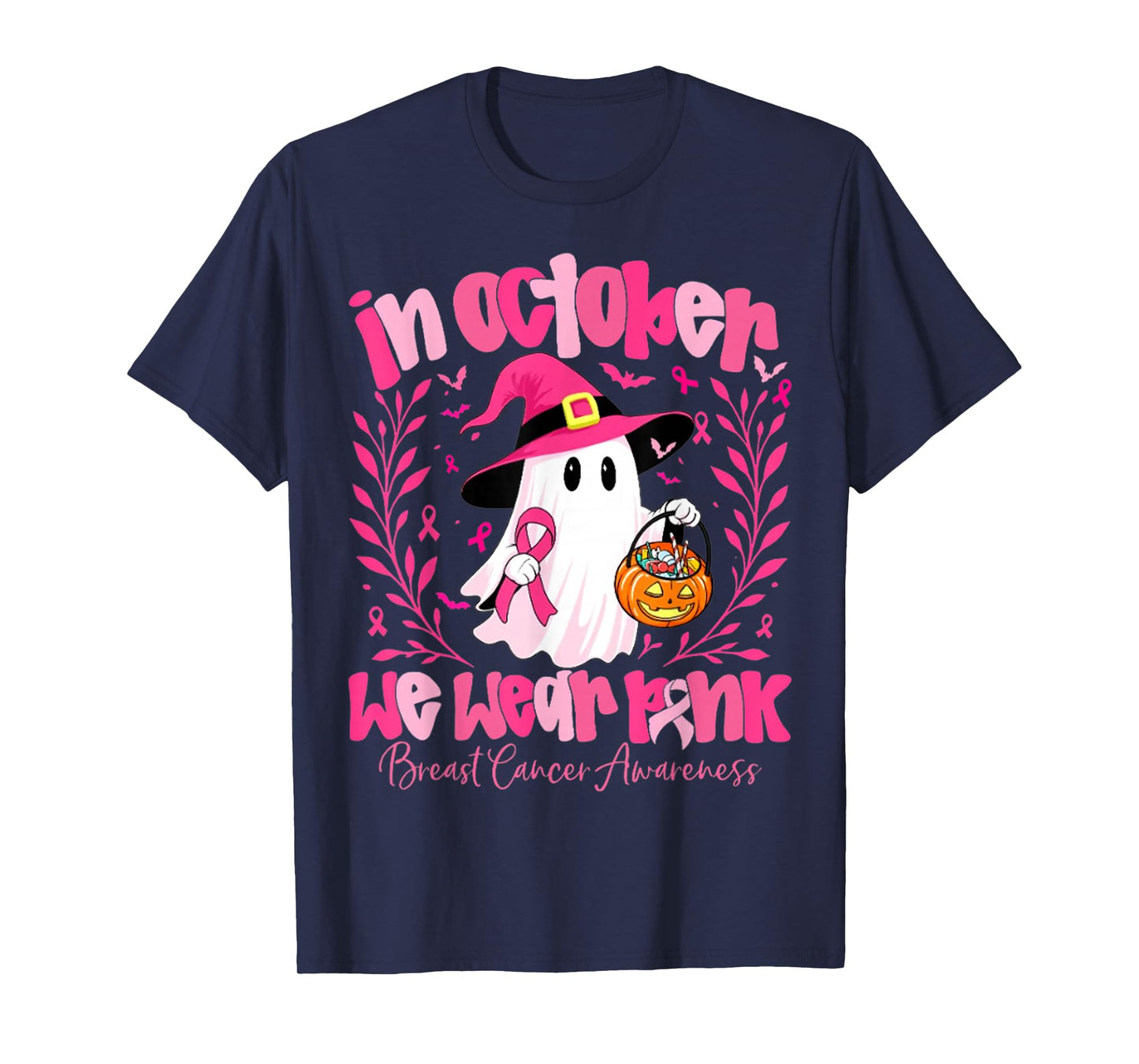 in October We Wear Pink Ghost Witch Breast Cancer Awareness T-Shirt