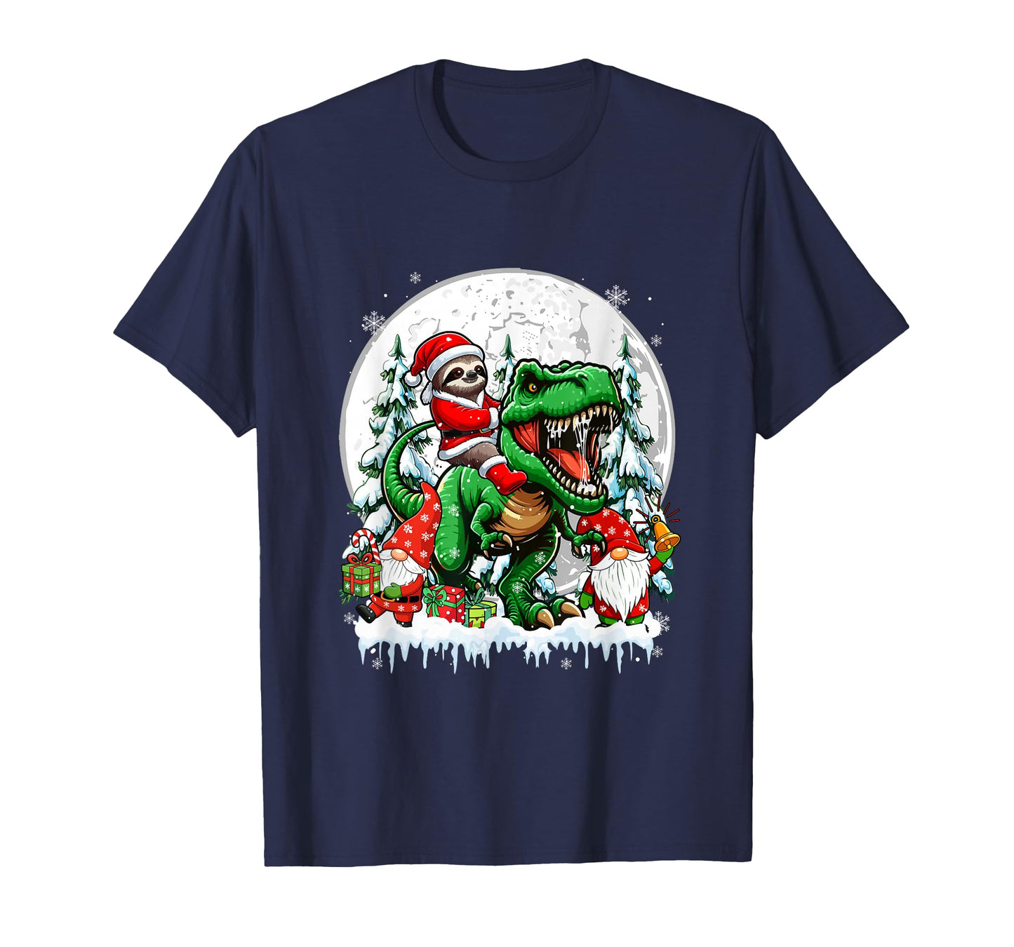 Santa Sloth Riding T-Rex Gnomes Christmas Trees Family Kids T-Shirt