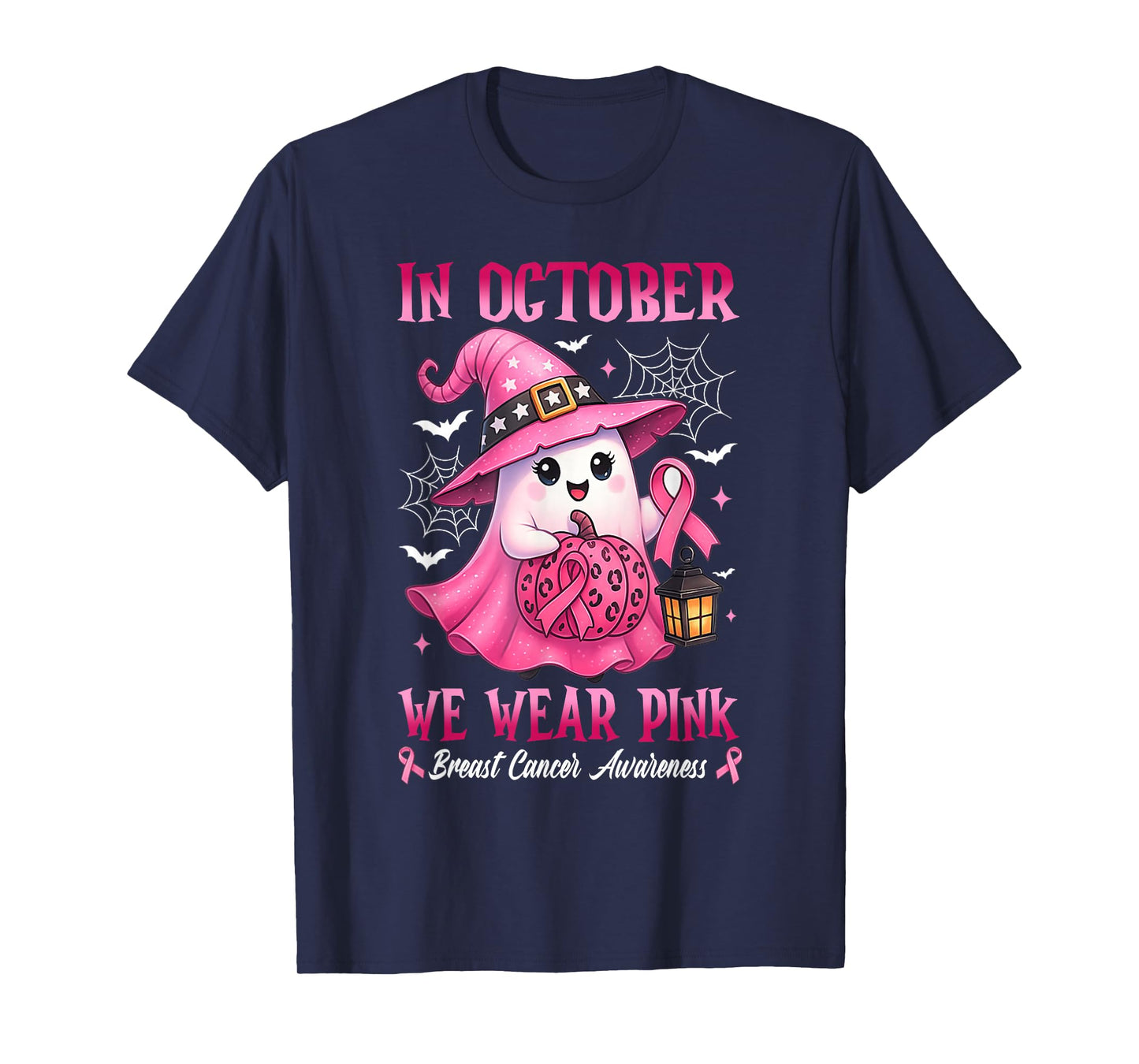 in October We Wear Pink Ghost Witch Breast Cancer Awareness T-Shirt