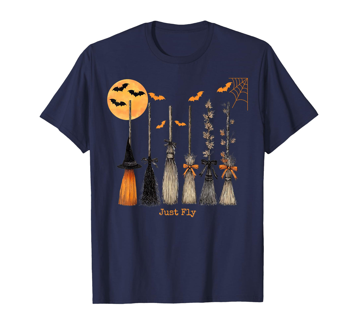 Halloween Witches Broomsticks Just Fly Spooky Bats Moon T-Shirt