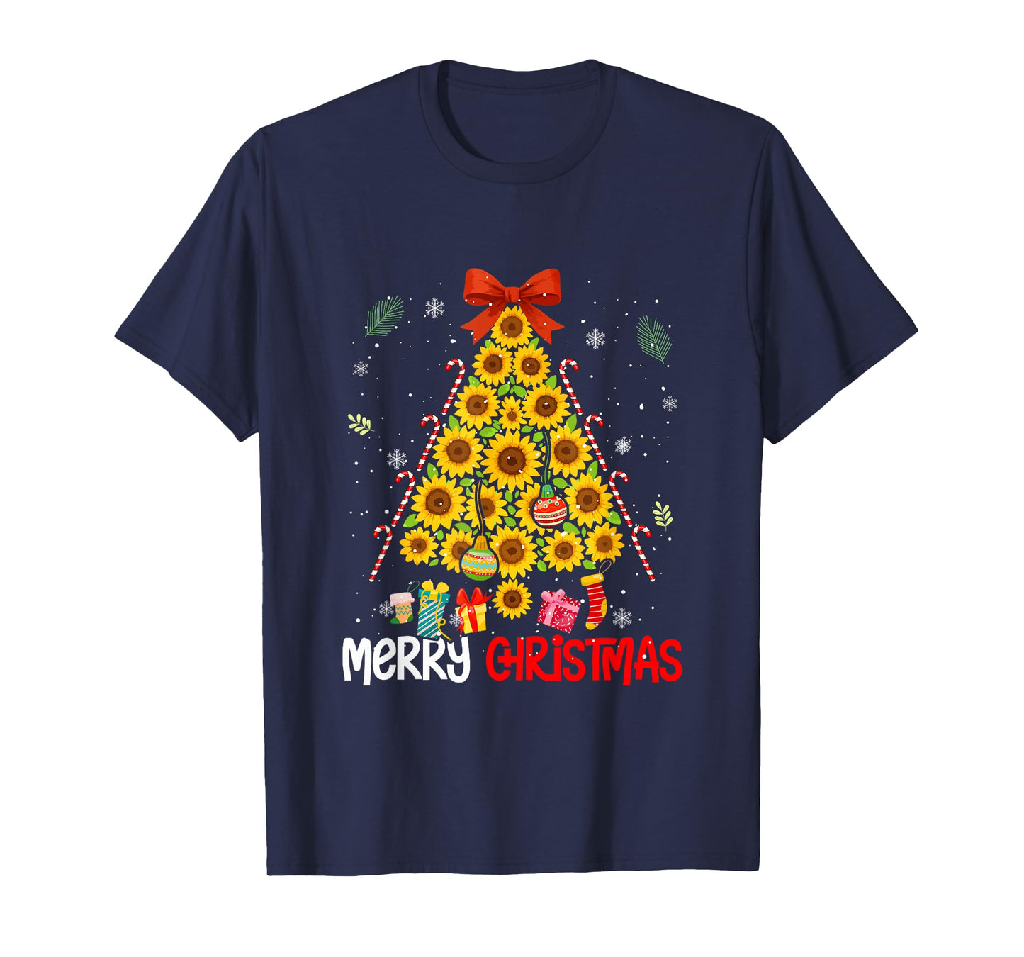 Merry Christmas Sunflowers Bow Tie Candy Canes As Xmas Tree T-Shirt