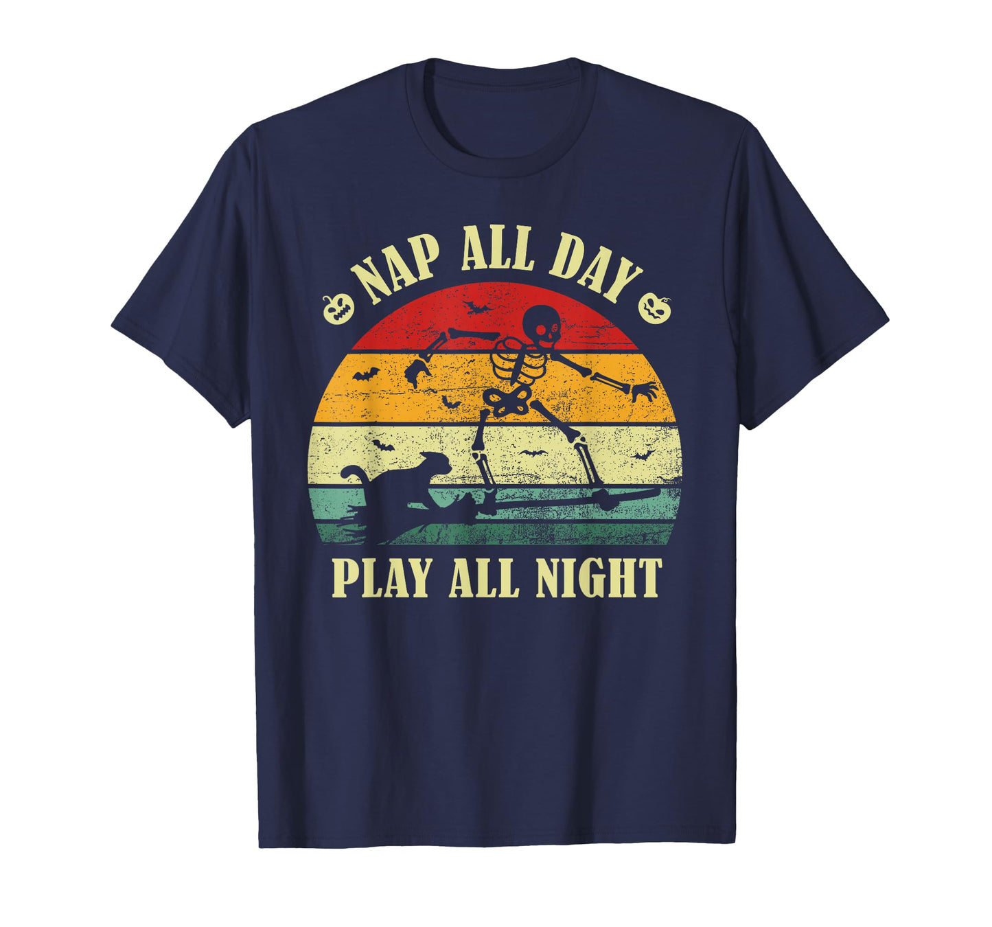Nap All Day, Play All Night Fun Cat Witch Halloween Skeleton T-Shirt