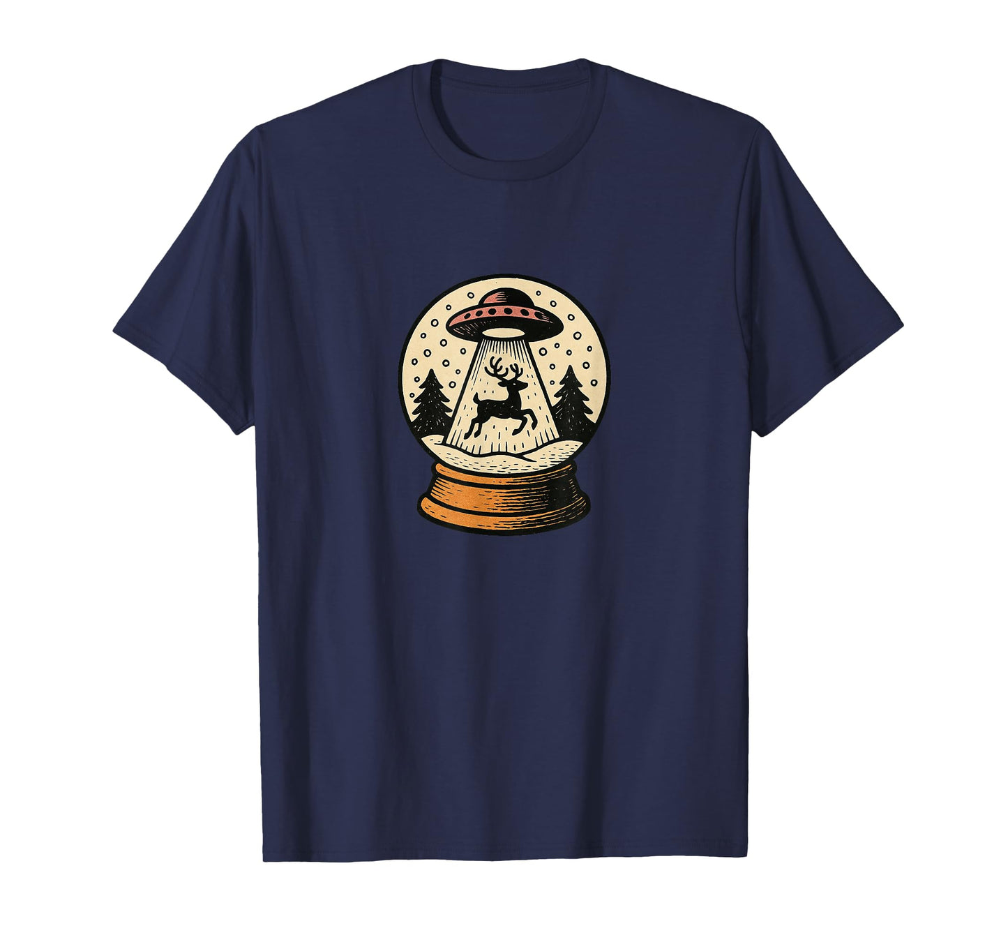 Snowglobe UFO Beaming Up Reindeer Funny Alien Christmas T-Shirt