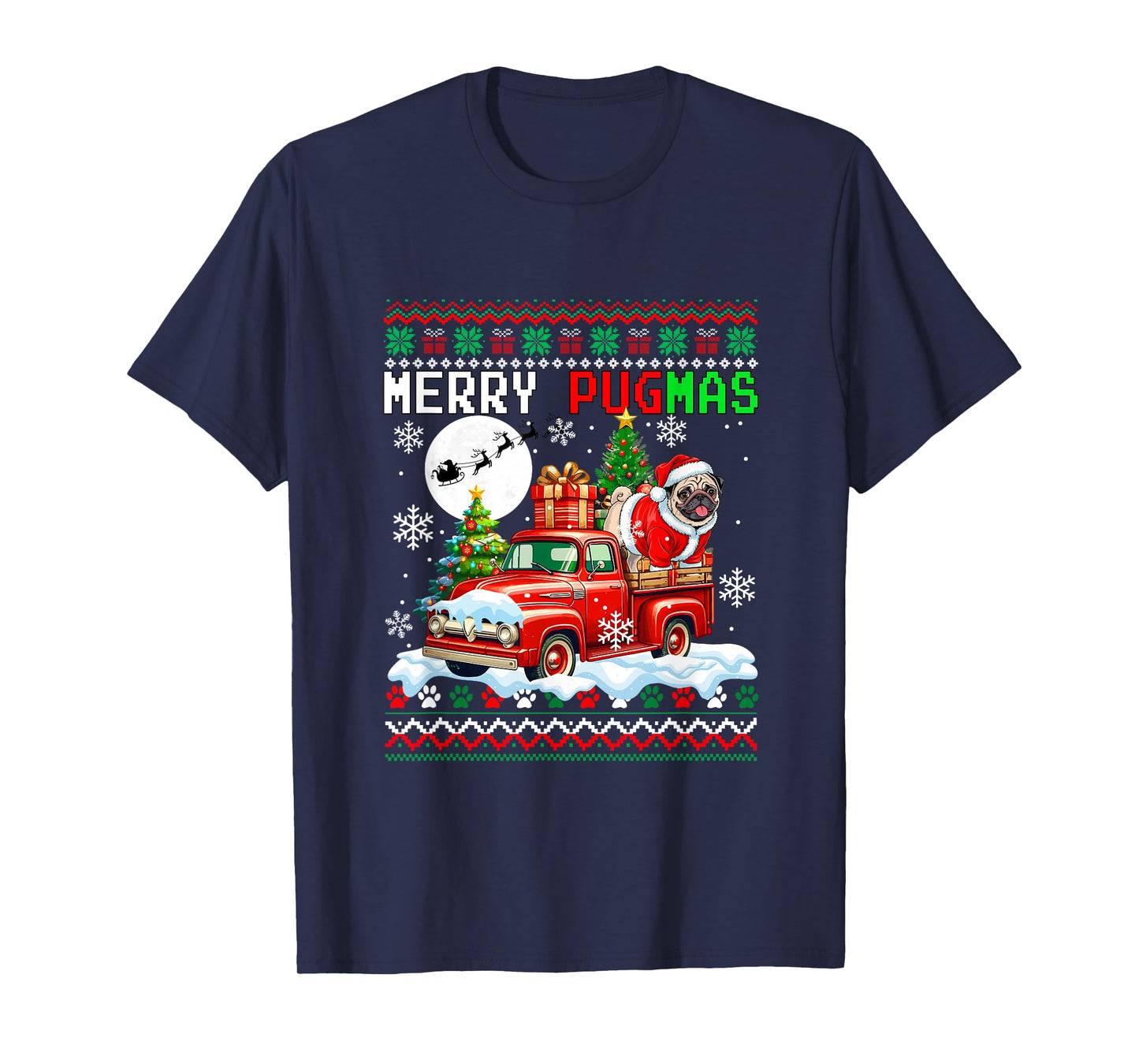 Merry Christmas Sweater Santa Pug On Pickup Truck T-Shirt
