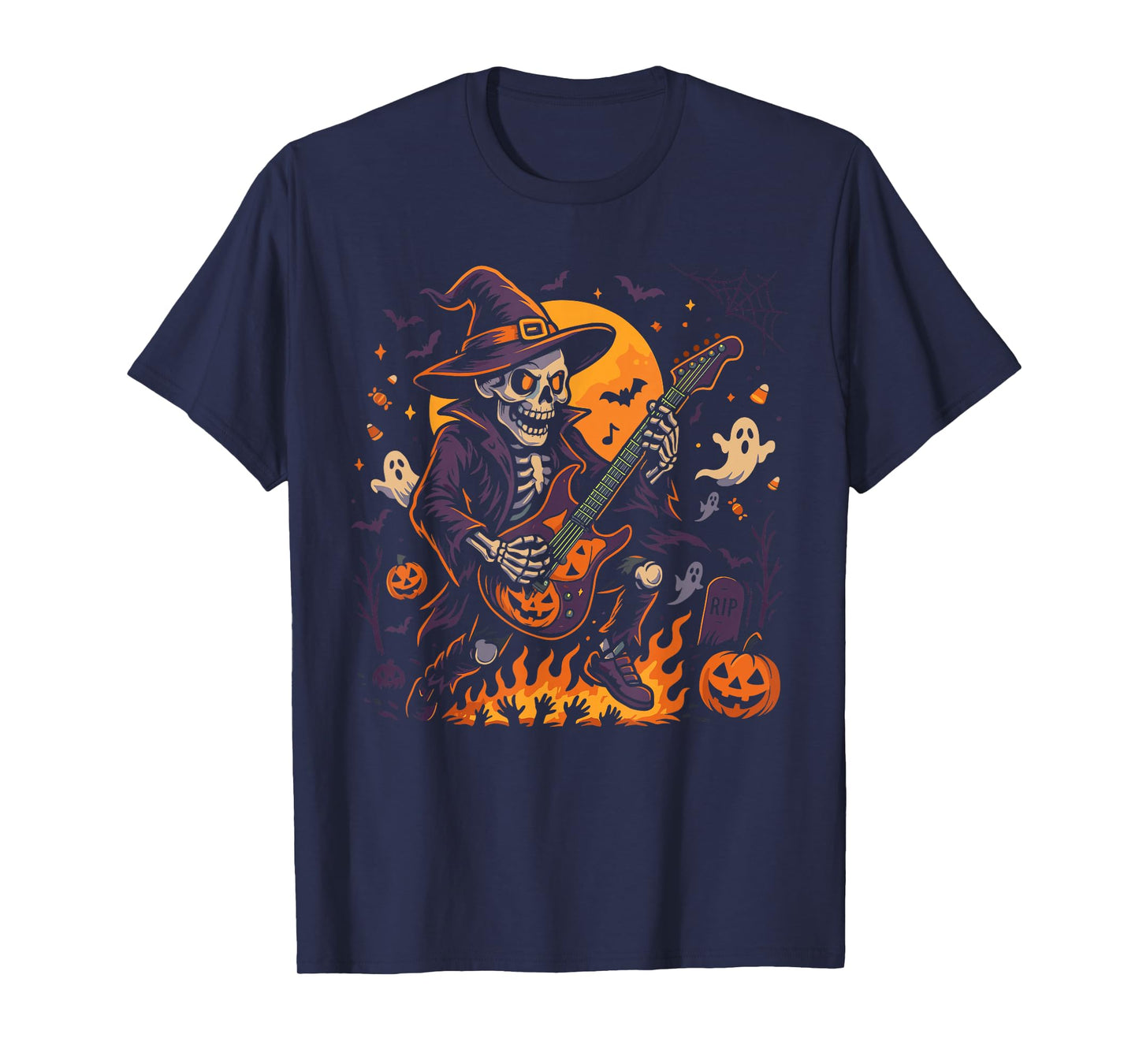 Rocking Skeleton Witch Guitar Halloween Ghost Pumpkin T-Shirt