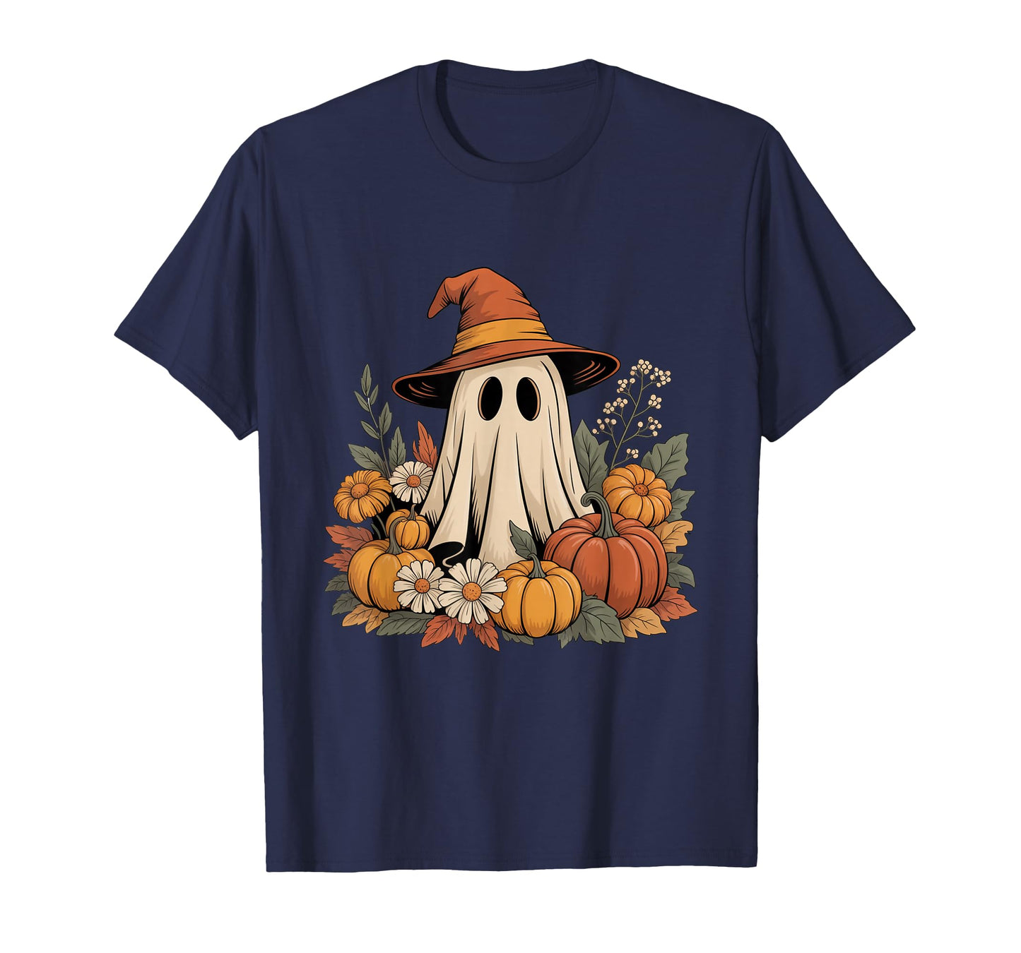 Cute Ghost with Pumpkins and Flowers Halloween T-Shirt