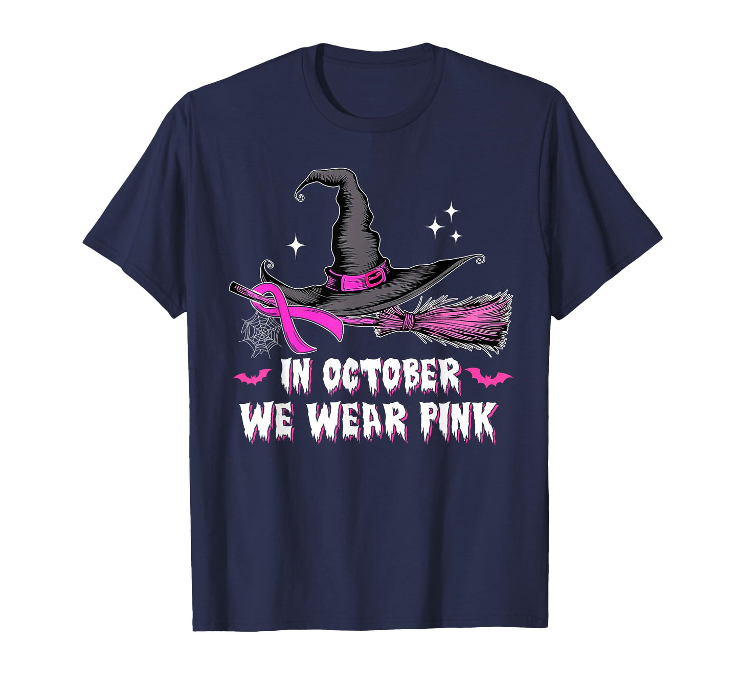 in October We Wear Pink Witch Broom Breast Cancer Halloween T-Shirt