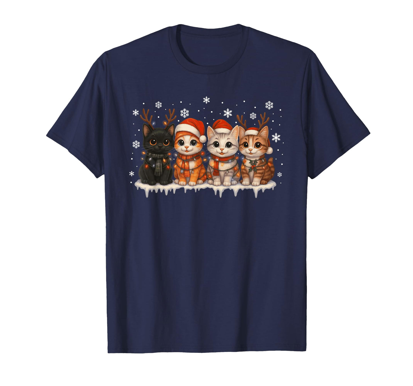 Cat Christmas Lights Reindeer Santa Hat Xmas Funny Cat Lover T-Shirt