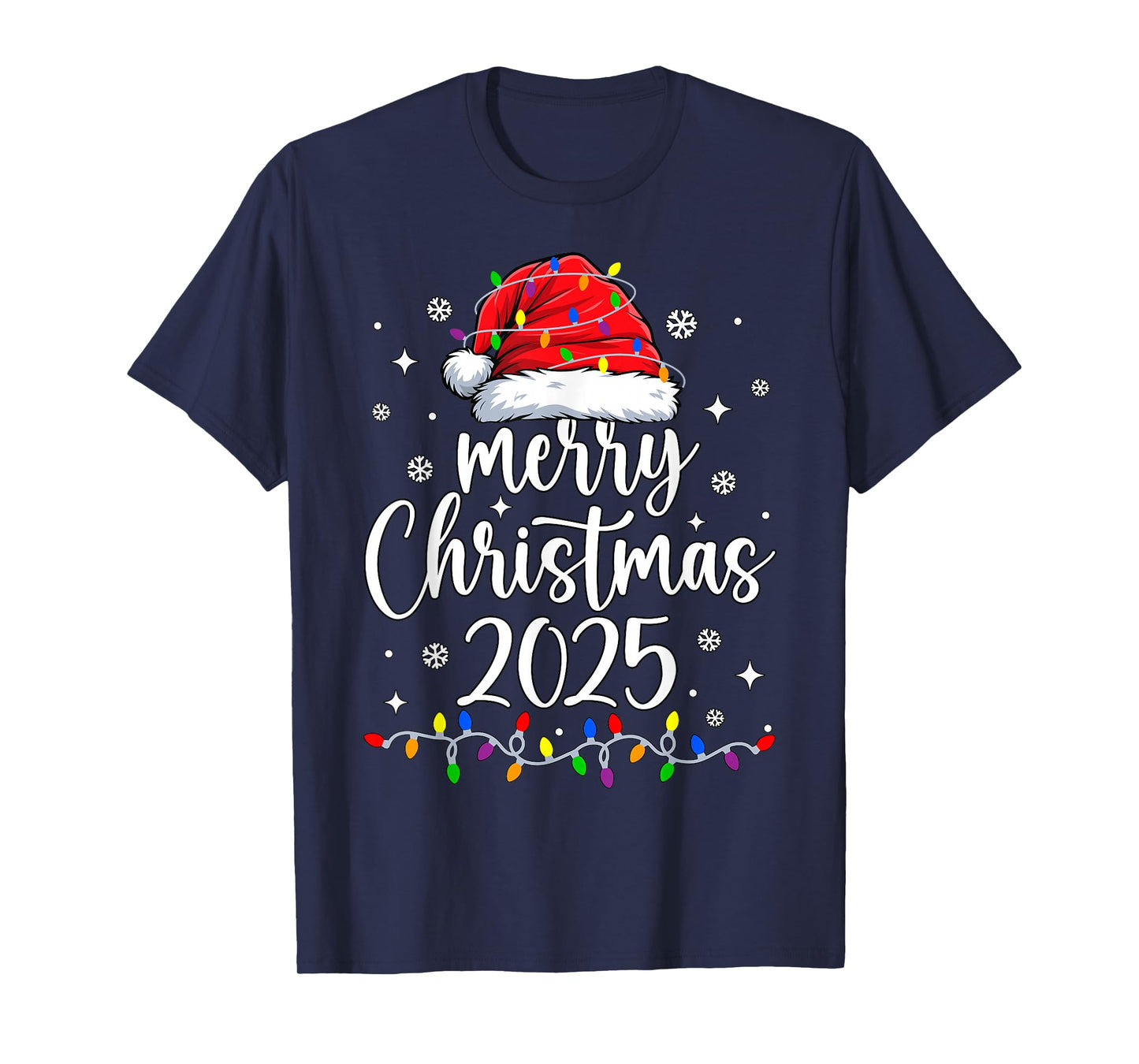 Merry Christmas 2025 Lights Red Santa Hat Xmas Men Women Kid T-Shirt