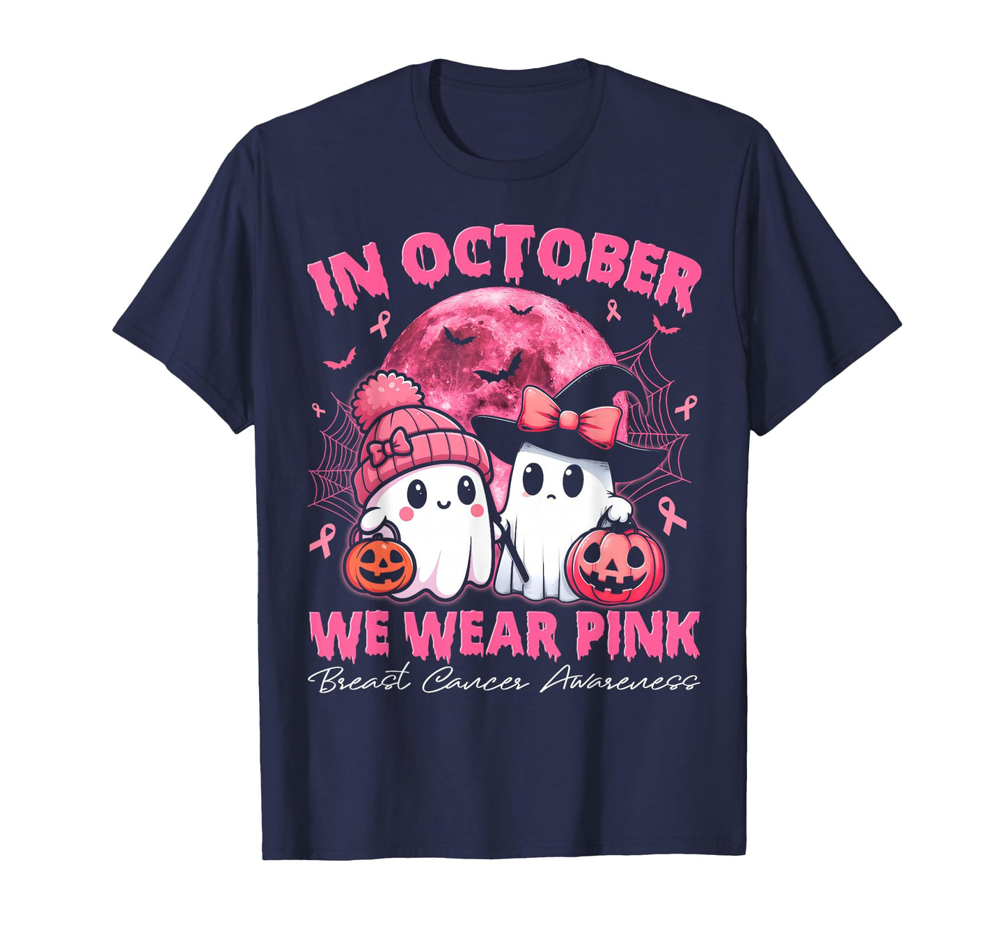 in October We Wear Pink Ghost Witch Breast Cancer Awareness T-Shirt
