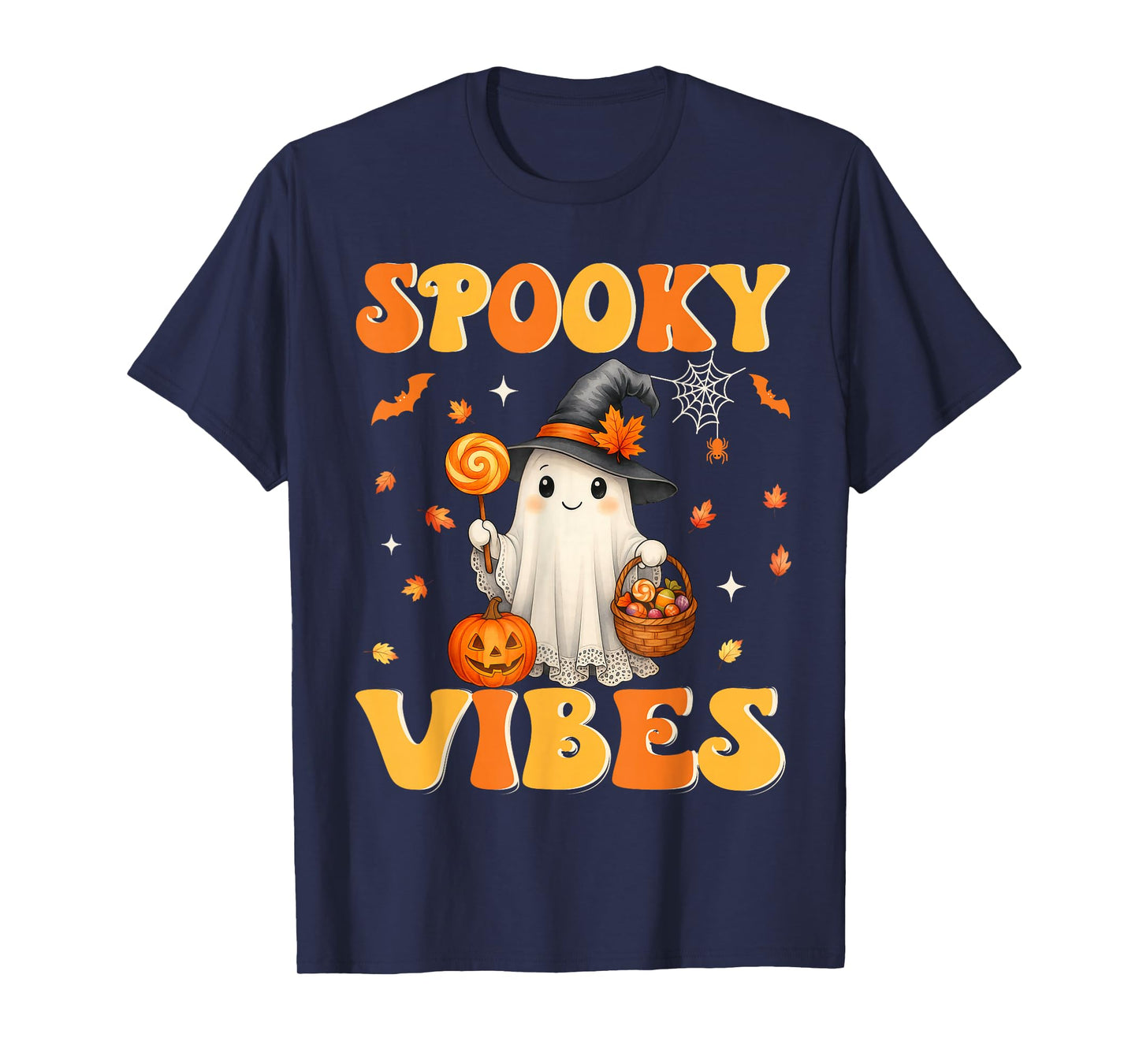 Groovy Spooky Vibes Retro Ghost Holding Pumpkin Halloween T-Shirt