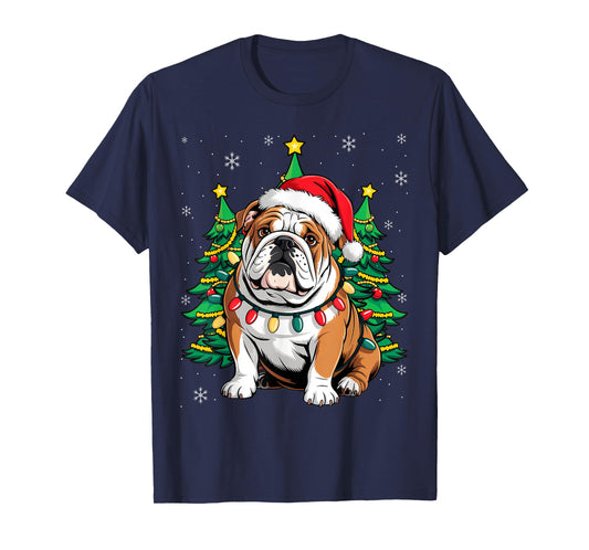 English Bulldog Santa Christmas Tree Lights Xmas Boys Dog T-Shirt