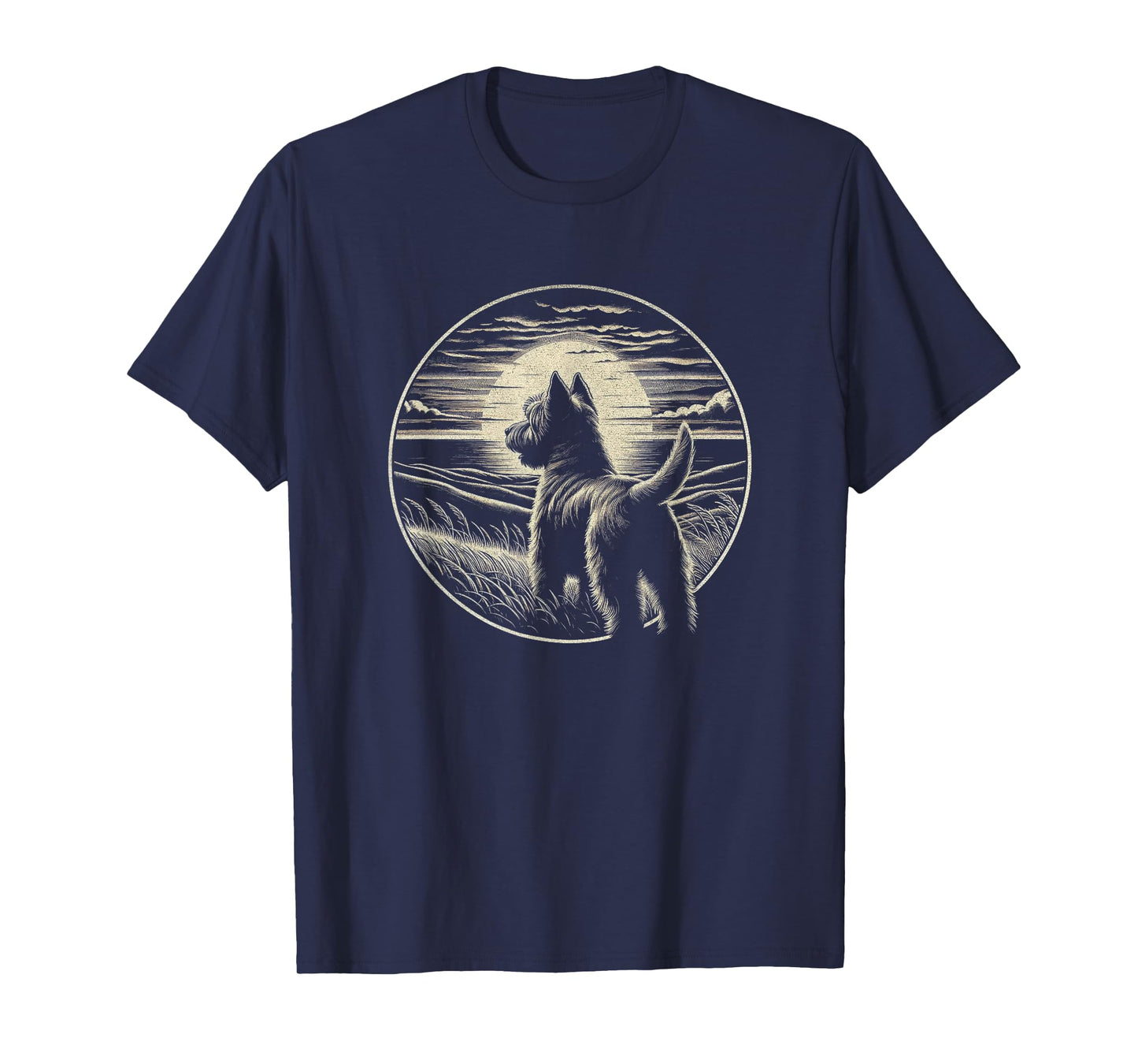 Vintage Cairn Terrier Dog Retro Sunset Scene Art Design T-Shirt for Men Women