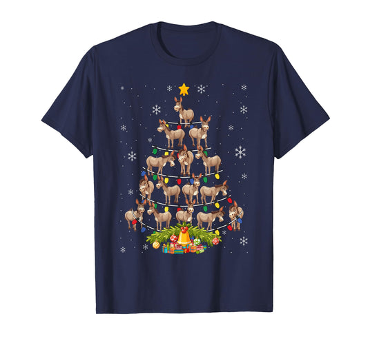 Donkey Christmas Tree Santa Hat Lights Xmas T-Shirt