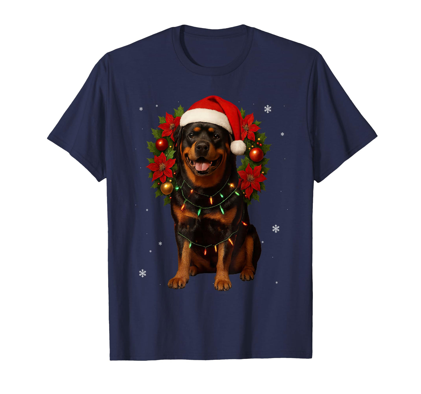 Christmas Rottweiler Festive Wreath Lights Xmas Santa Dog T-Shirt