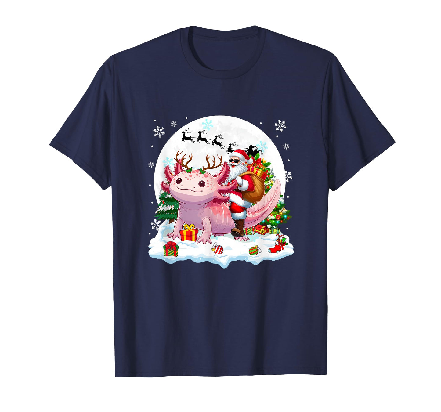 Santa Sunglasses Riding Axolotl Reindeer Christmas Snowman T-Shirt