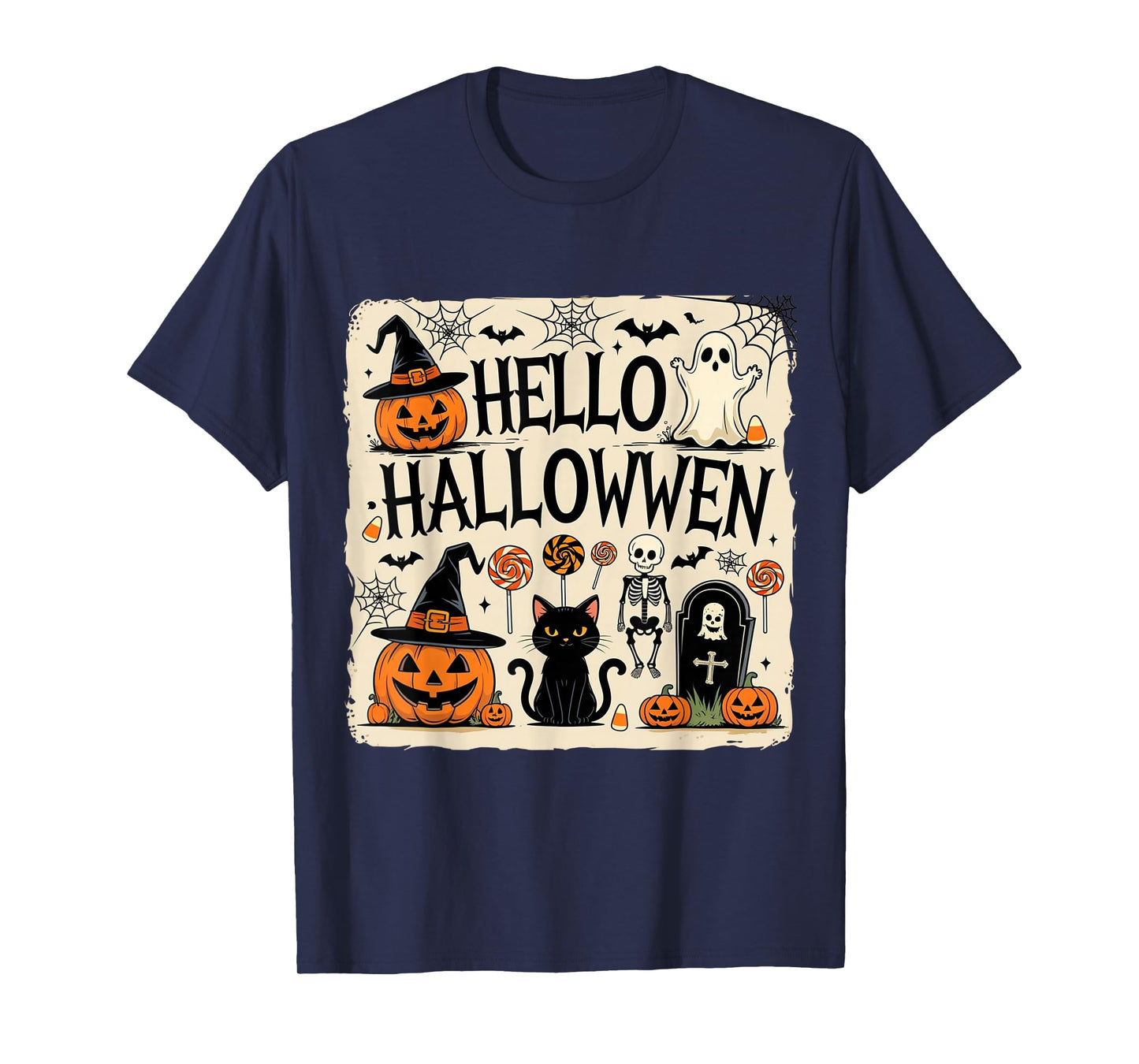 Hello Halloween Vintage Design – Pumpkin Skeleton T-Shirt