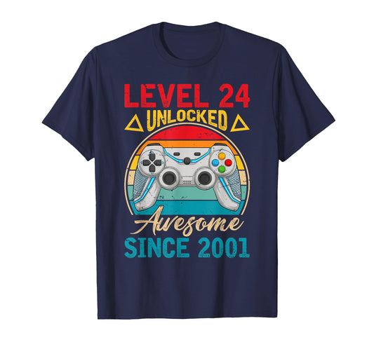 Level 24 Unlocked Awesome Since 2001 Retro 24th Birthday T-Shirt