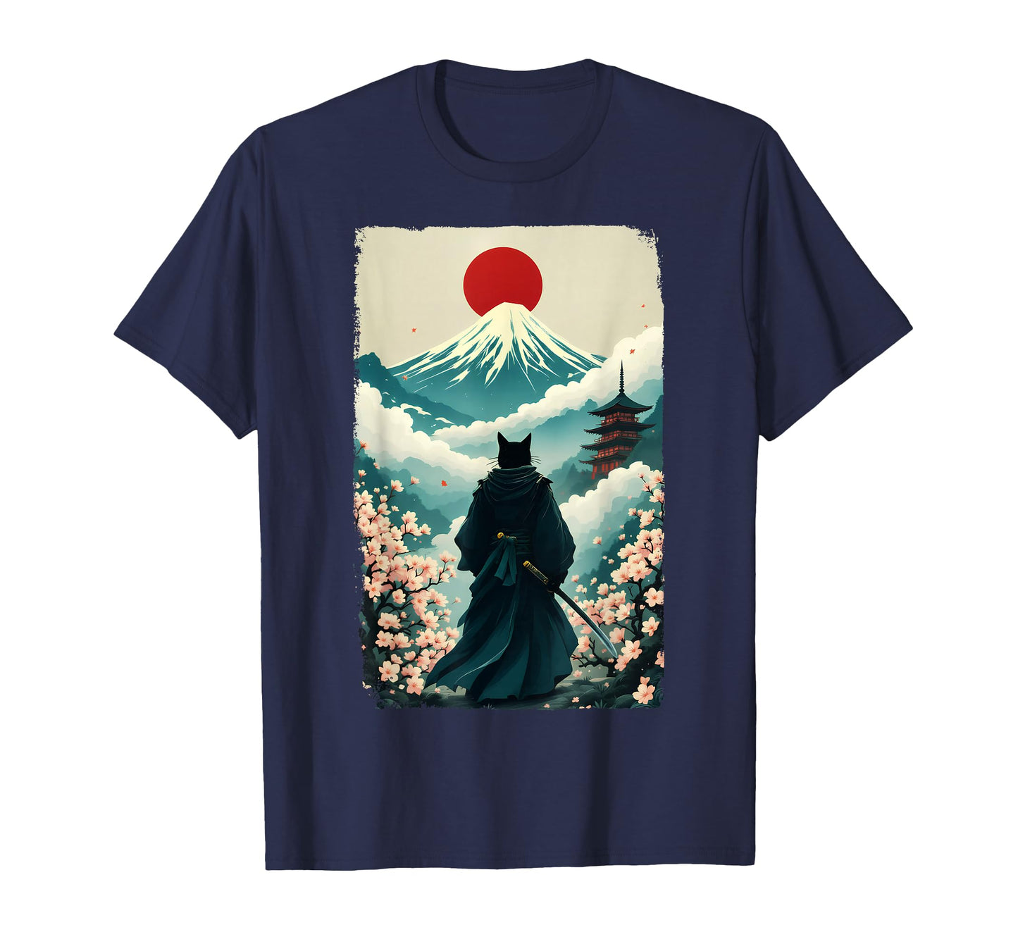 Samurai Cat Warrior Fuji Mount Vintage Japanese Art Graphic T-Shirt