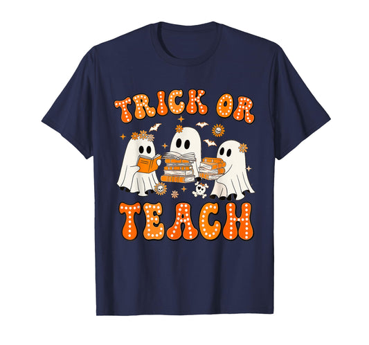 Teacher Halloween Trick or Teach Retro Groovy Floral Ghost T-Shirt