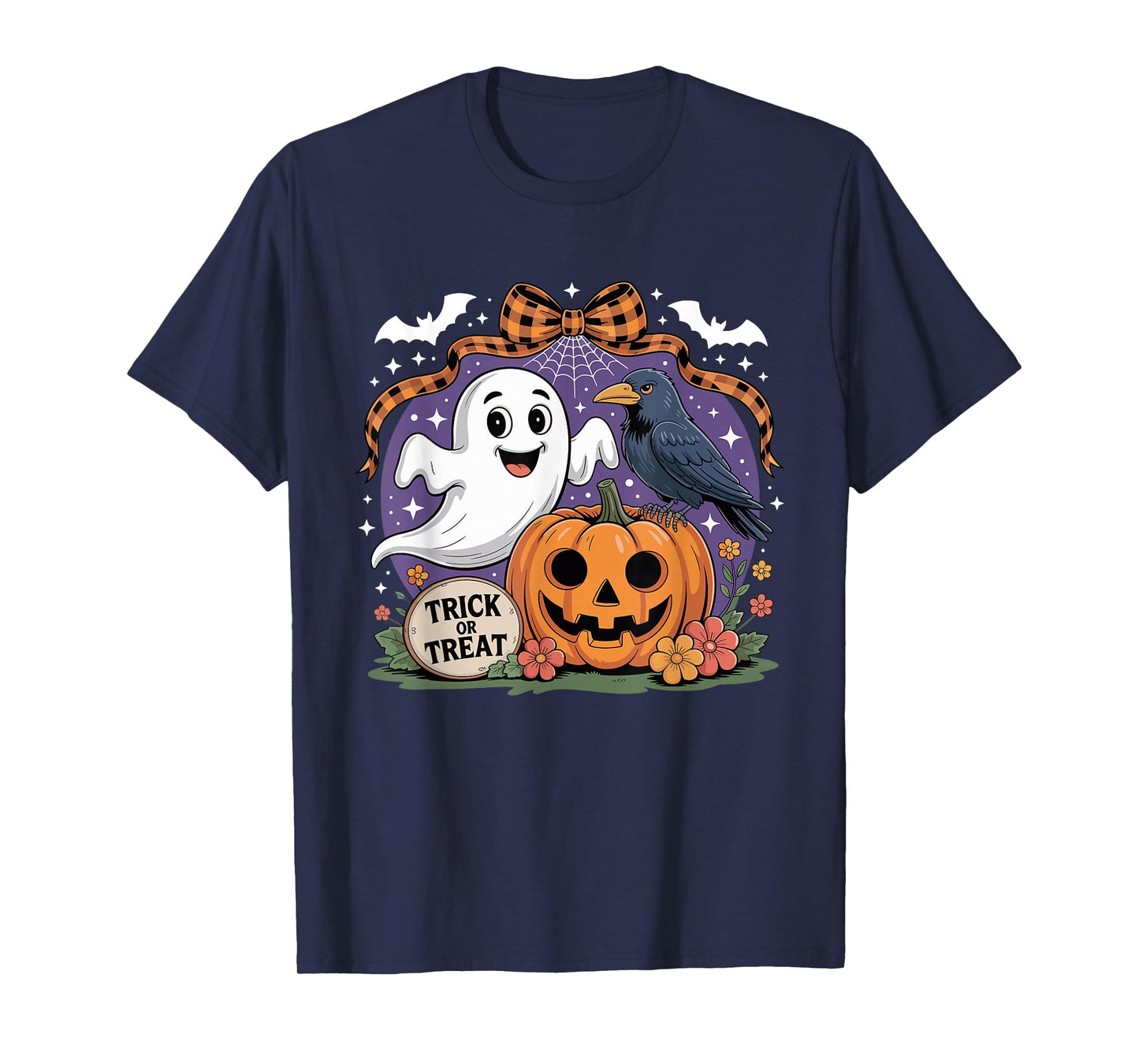 Coquette Floral Ghost Halloween Crow Spooky Trick Or Treat T-Shirt